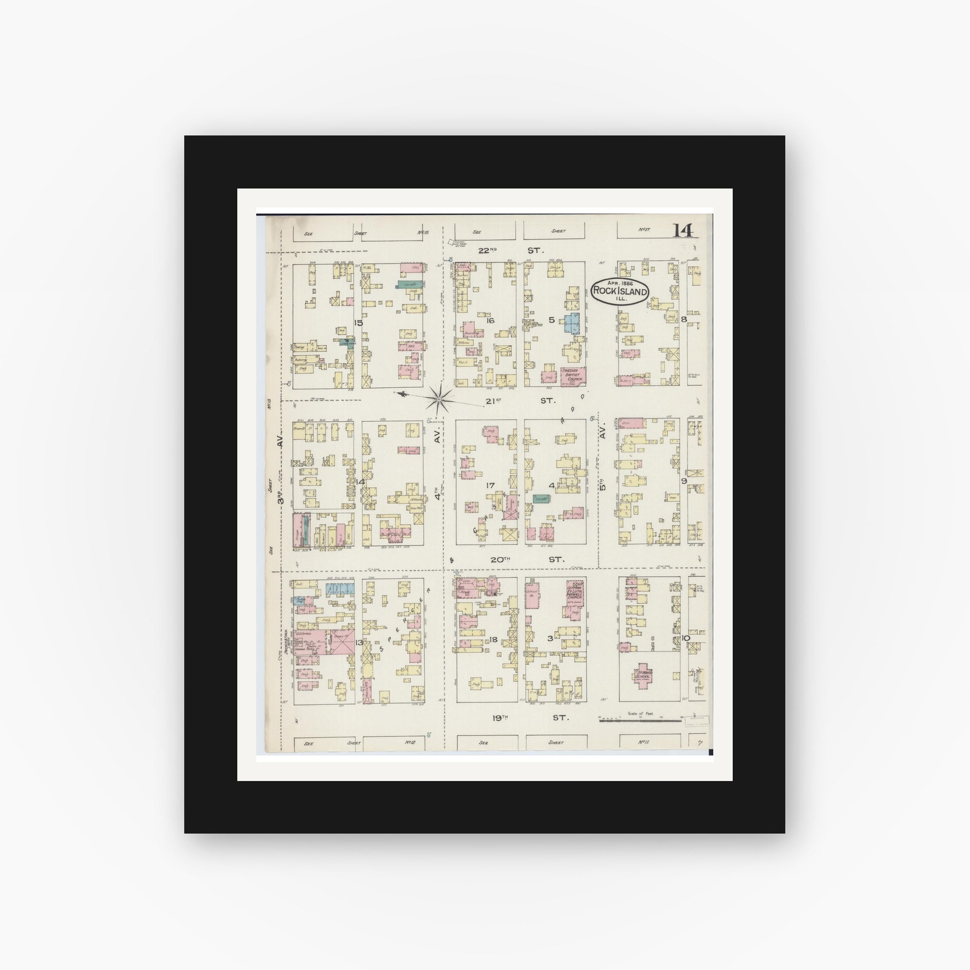 Old map wall art mockup — black gallery frame with white mat — Sanborn Fire Insurance Map from Rock Island, Rock Island County, Illinois (1886), Sheet #0014