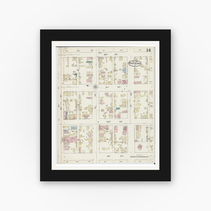 Old map wall art mockup — black gallery frame with white mat — Sanborn Fire Insurance Map from Rock Island, Rock Island County, Illinois (1886), Sheet #0014