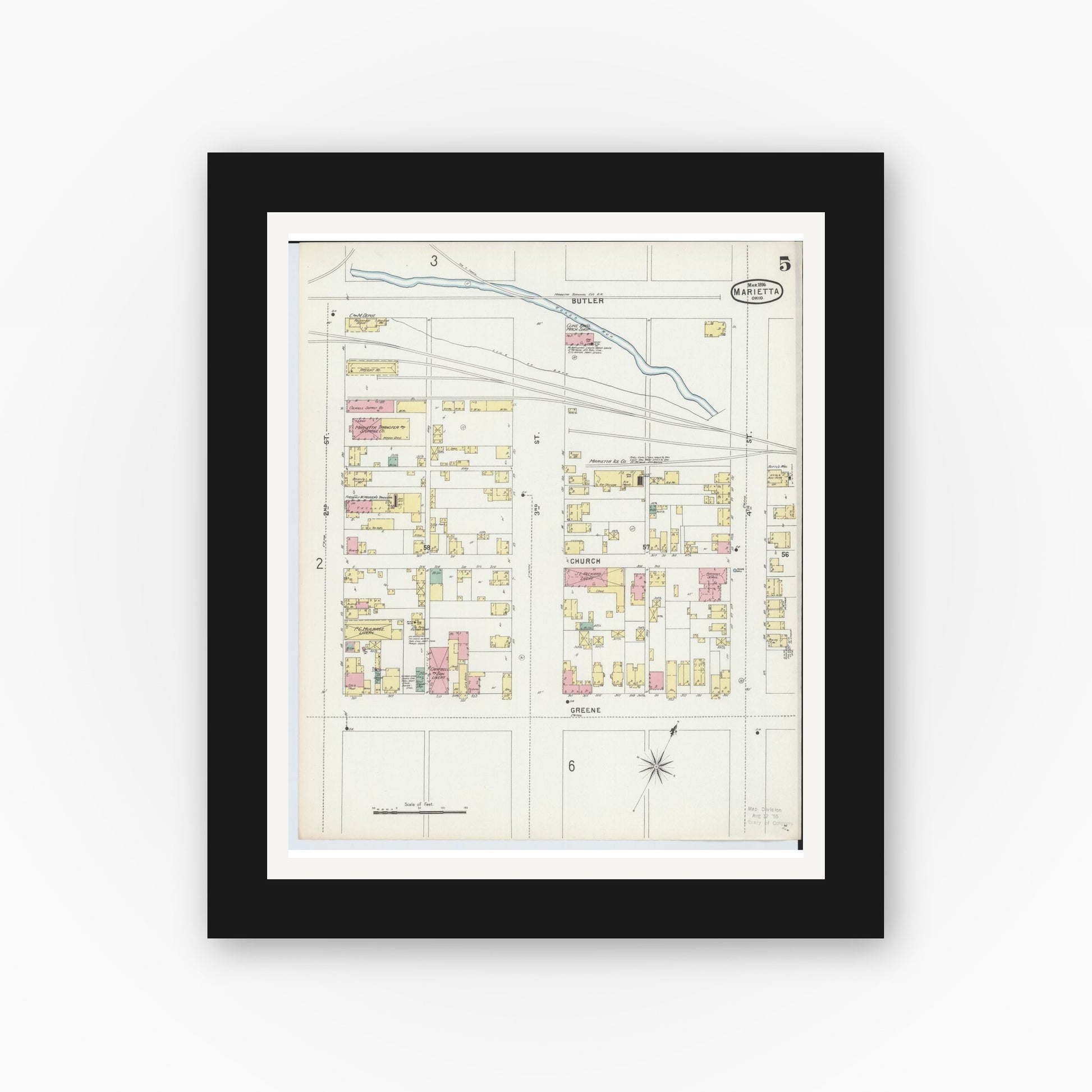 Old map wall art mockup — black gallery frame with white mat — Sanborn Fire Insurance Map from Marietta, Washington County, Ohio (1896), Sheet #0005