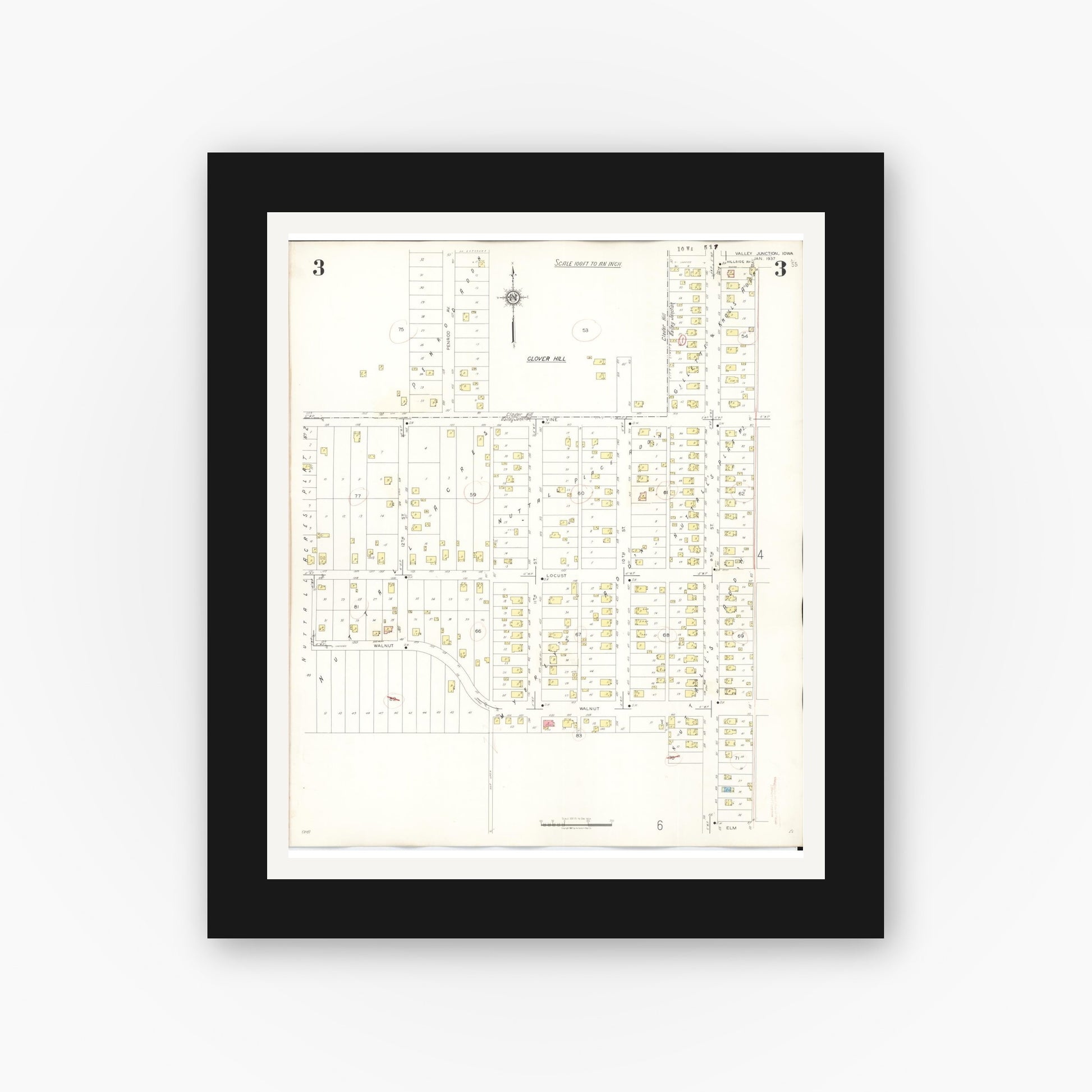 Old map wall art mockup — black gallery frame with white mat — Sanborn Fire Insurance Map from Valley Junction, Polk County, Iowa (1941), Sheet #0003