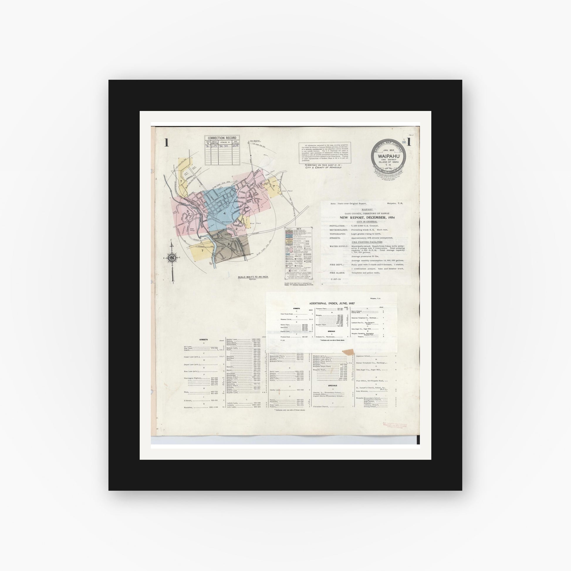 Old map wall art mockup — black gallery frame with white mat — Sanborn Fire Insurance Map from Waipahu, Honolulu County, Hawaii (1957), Sheet #0001