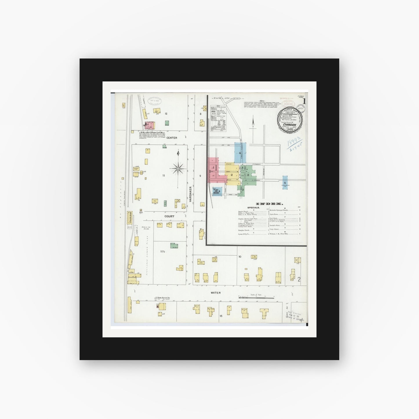 Old map wall art mockup — black gallery frame with white mat — Sanborn Fire Insurance Map from Chardon, Geauga County, Ohio (1899), Sheet #0001