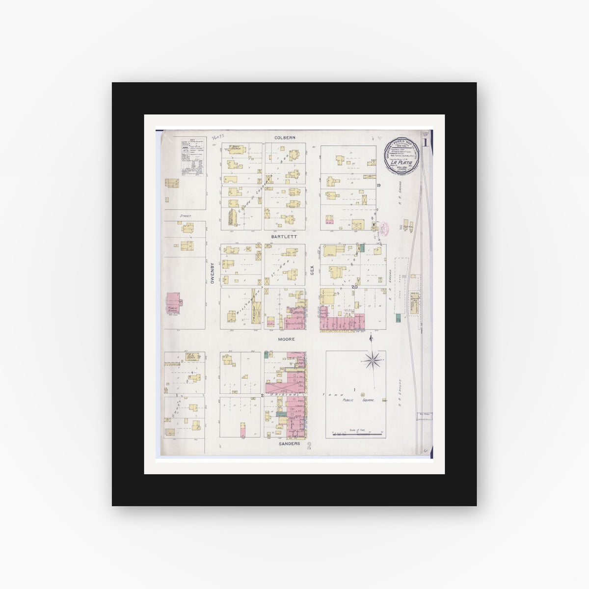 Old map wall art mockup — black gallery frame with white mat — Sanborn Fire Insurance Map from La Plata, Macon County, Missouri (1894) - Complete Map Set