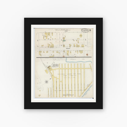 Old map wall art mockup — black gallery frame with white mat — Sanborn Fire Insurance Map from Stanton, Montcalm County, Michigan (1887), Sheet #0005