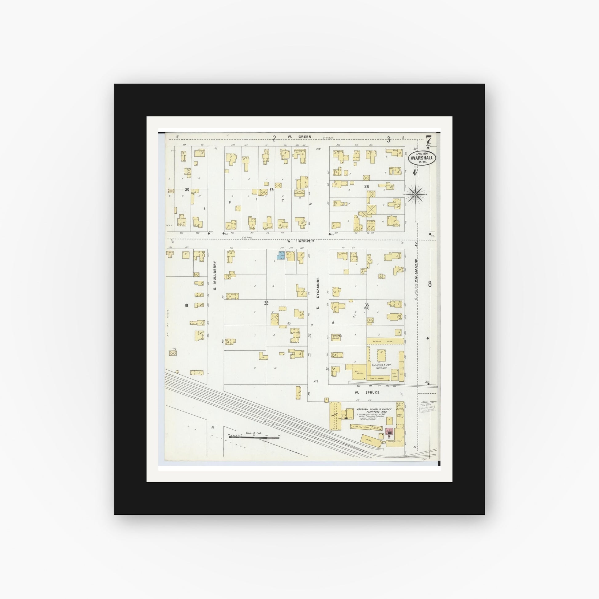 Old map wall art mockup — black gallery frame with white mat — Sanborn Fire Insurance Map from Marshall, Calhoun County, Michigan (1906), Sheet #0007