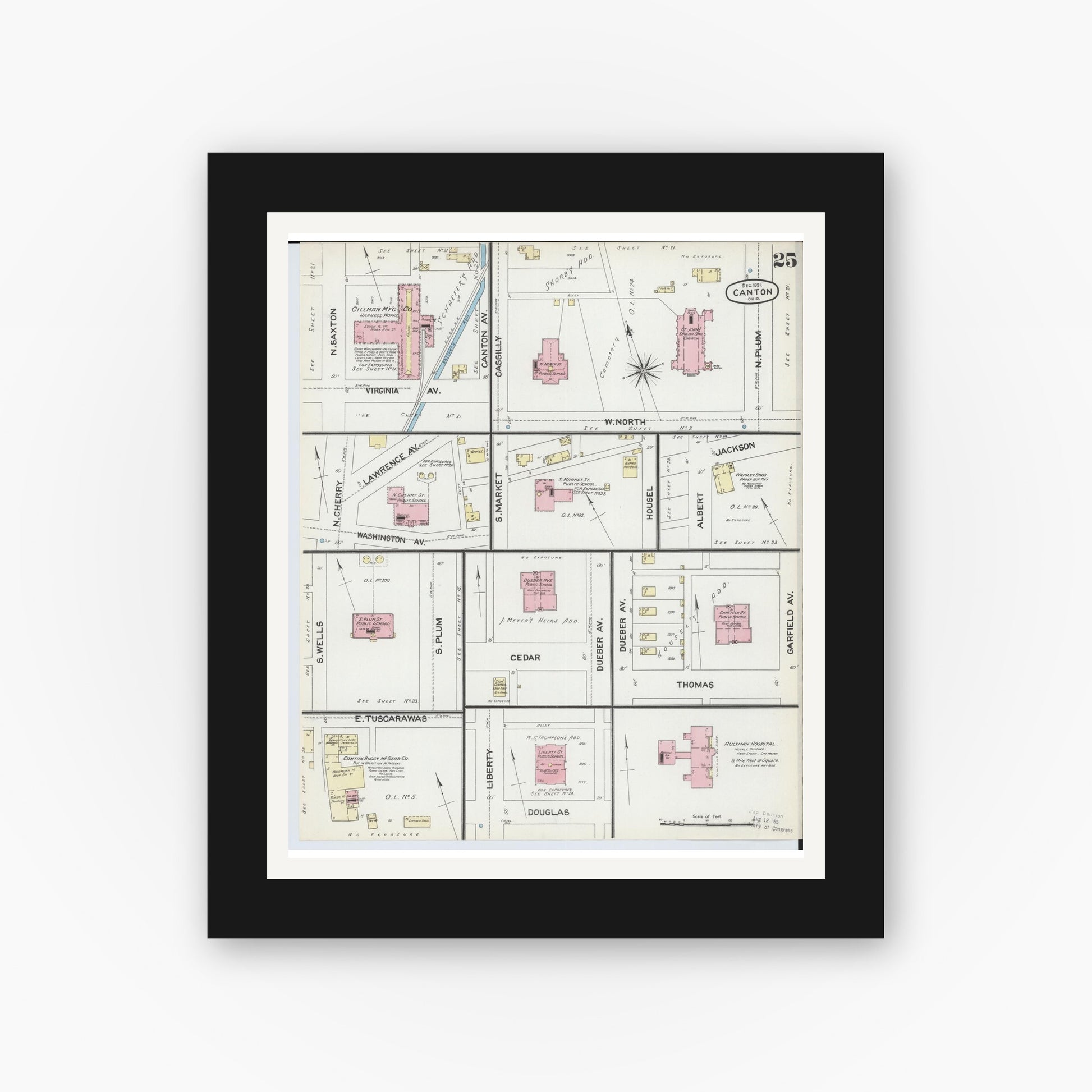 Old map wall art mockup — black gallery frame with white mat — Sanborn Fire Insurance Map from Canton, Stark County, Ohio (1891), Sheet #0025