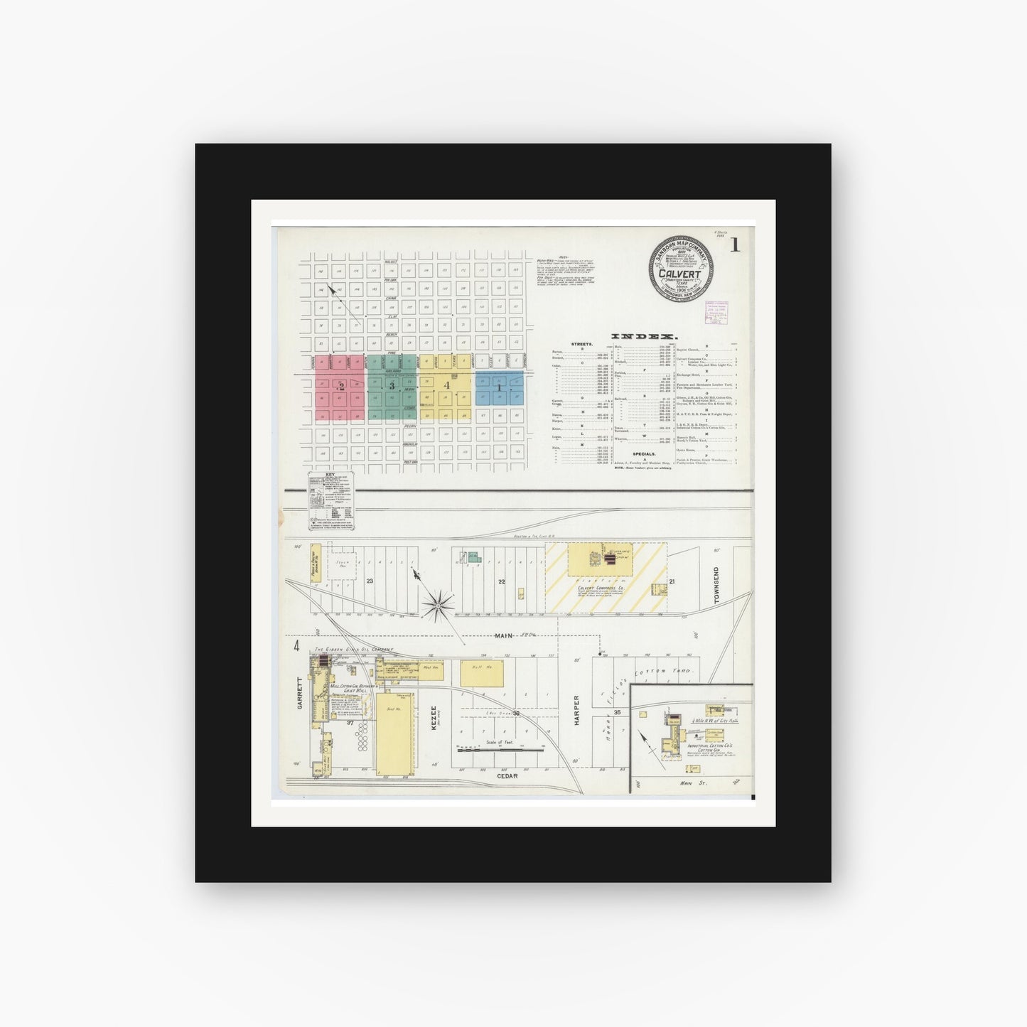 Old map wall art mockup — black gallery frame with white mat — Sanborn Fire Insurance Map from Calvert, Robertson County, Texas (1906), Sheet #0001
