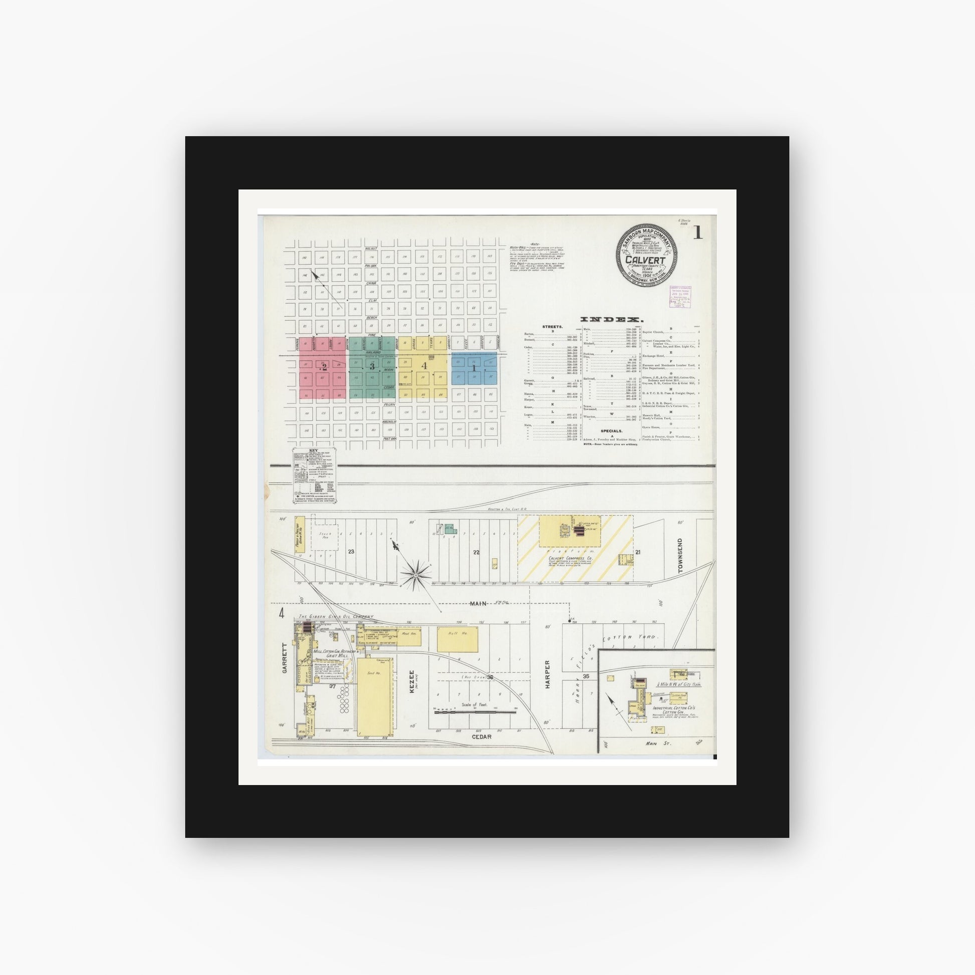 Old map wall art mockup — black gallery frame with white mat — Sanborn Fire Insurance Map from Calvert, Robertson County, Texas (1906), Sheet #0001