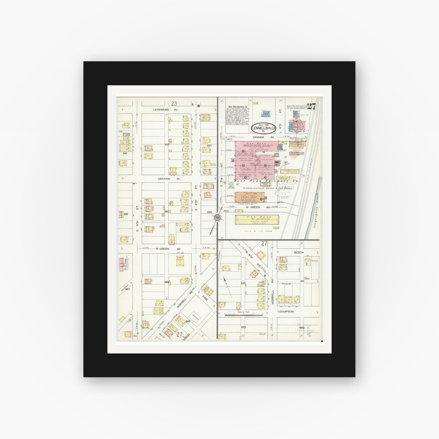 Old map wall art mockup — black gallery frame with white mat — Sanborn Fire Insurance Map from Connellsville, Fayette County, Pennsylvania (1914), Sheet #0027