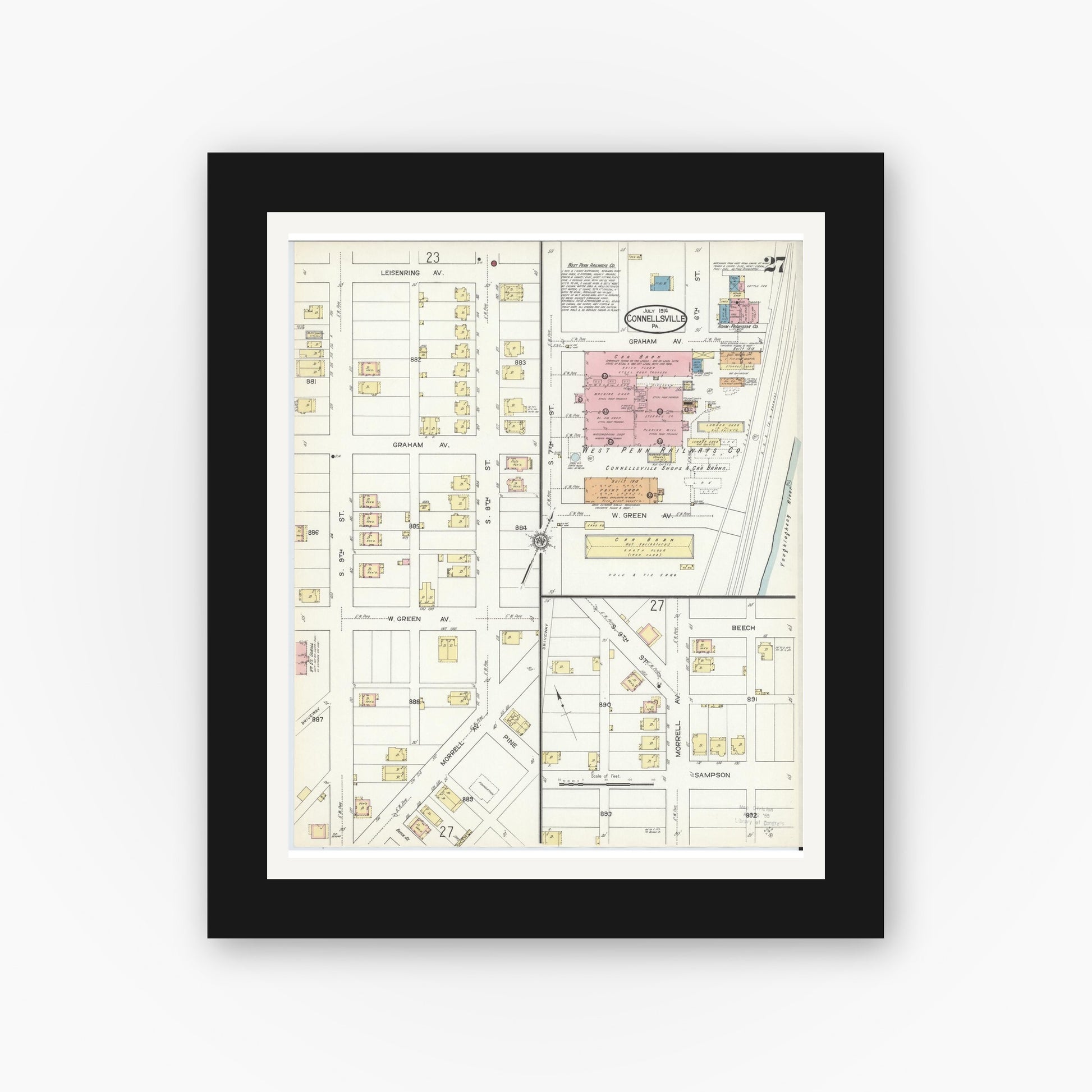 Old map wall art mockup — black gallery frame with white mat — Sanborn Fire Insurance Map from Connellsville, Fayette County, Pennsylvania (1914), Sheet #0027