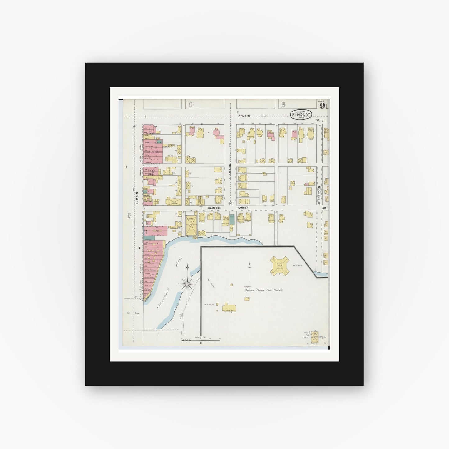 Old map wall art mockup — black gallery frame with white mat — Sanborn Fire Insurance Map from Findlay, Hancock County, Ohio (1895), Sheet #0009