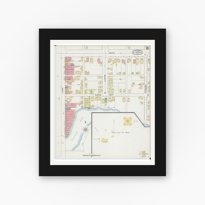 Old map wall art mockup — black gallery frame with white mat — Sanborn Fire Insurance Map from Findlay, Hancock County, Ohio (1895), Sheet #0009