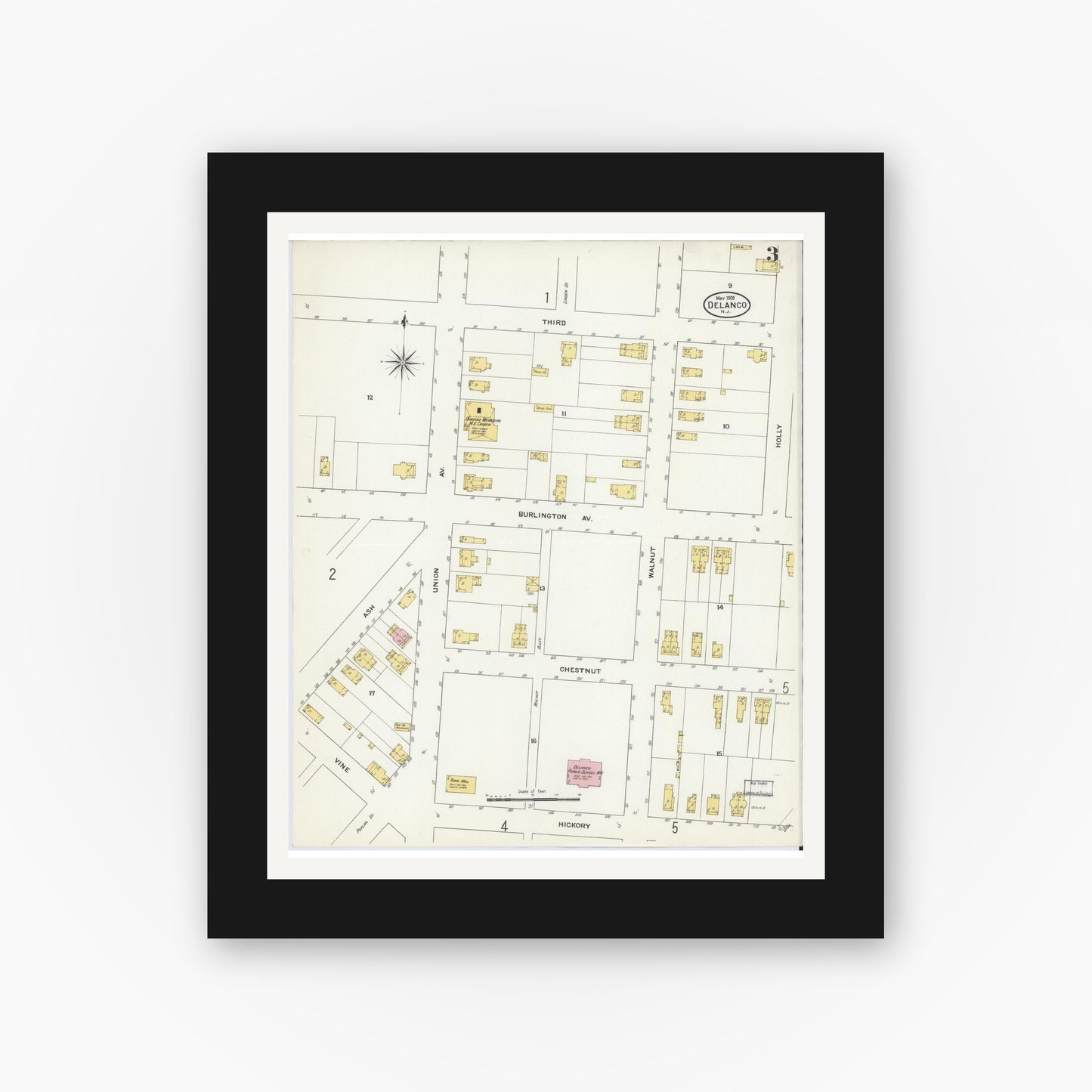 Old map wall art mockup — black gallery frame with white mat — Sanborn Fire Insurance Map from Delanco, Burlington County, New Jersey (1909), Sheet #0003