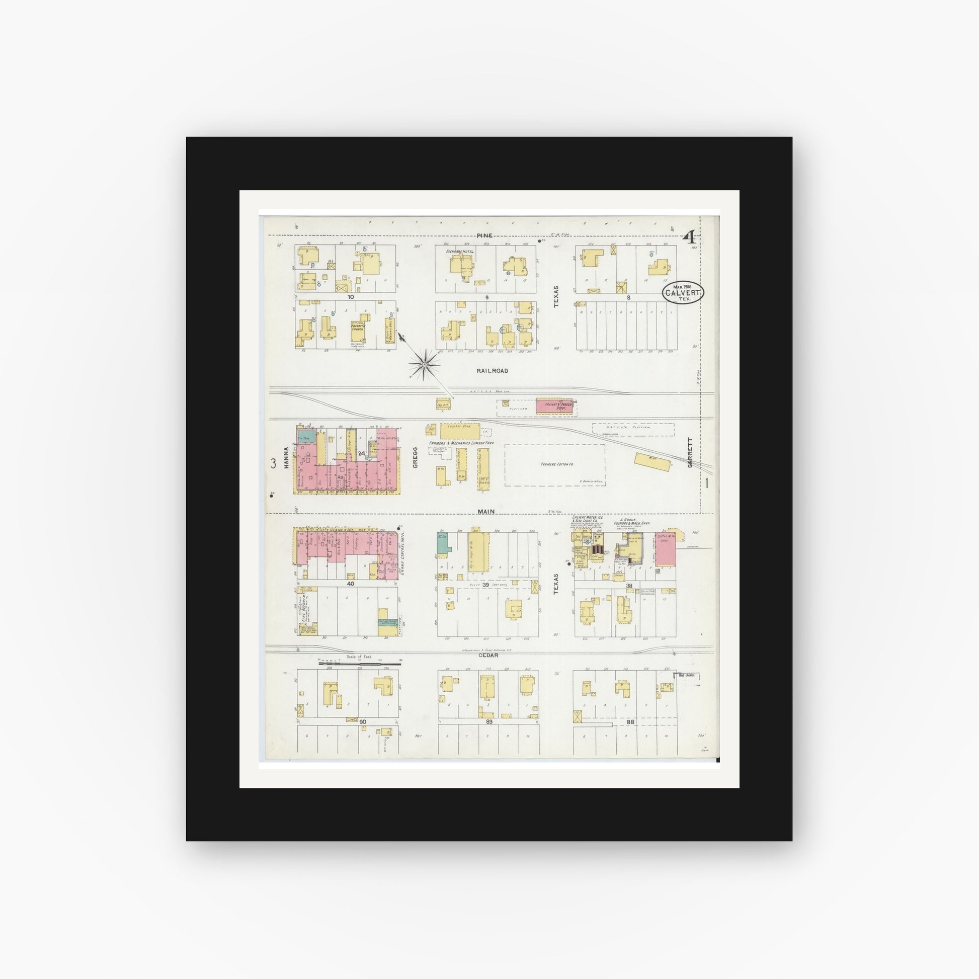 Old map wall art mockup — black gallery frame with white mat — Sanborn Fire Insurance Map from Calvert, Robertson County, Texas (1906), Sheet #0004