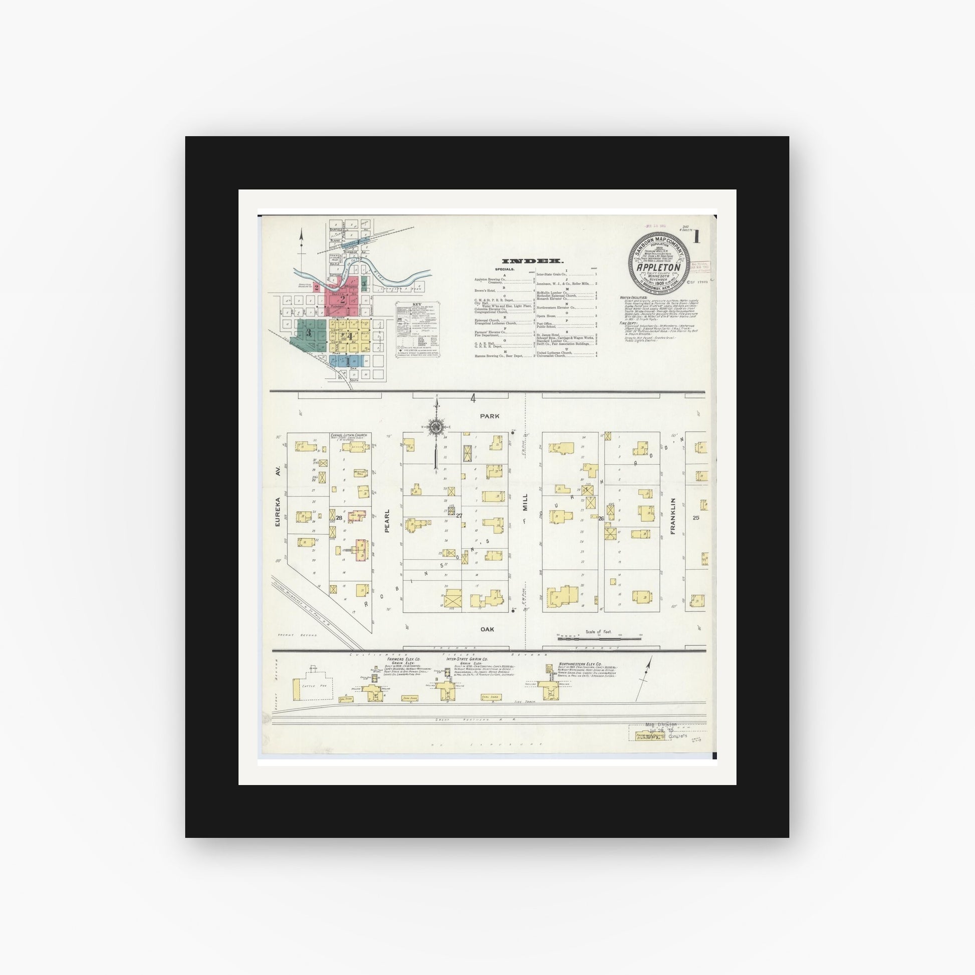 Old map wall art mockup — black gallery frame with white mat — Sanborn Fire Insurance Map from Appleton, Swift County, Minnesota (1909), Sheet #0001