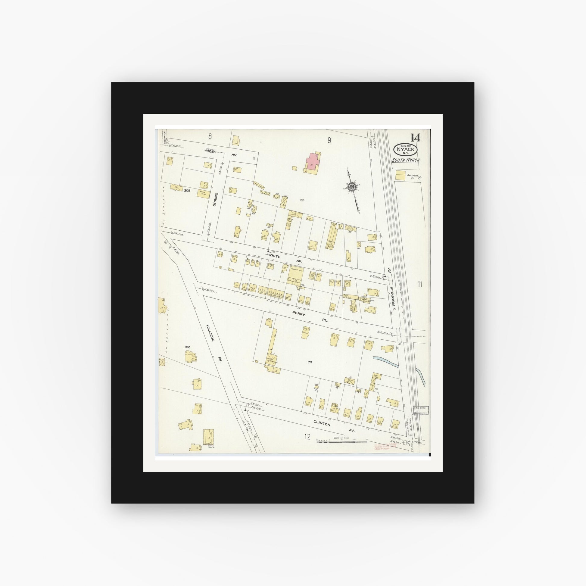 Old map wall art mockup — black gallery frame with white mat — Sanborn Fire Insurance Map from Nyack, Rockland County, New York. (1910), Sheet #0014