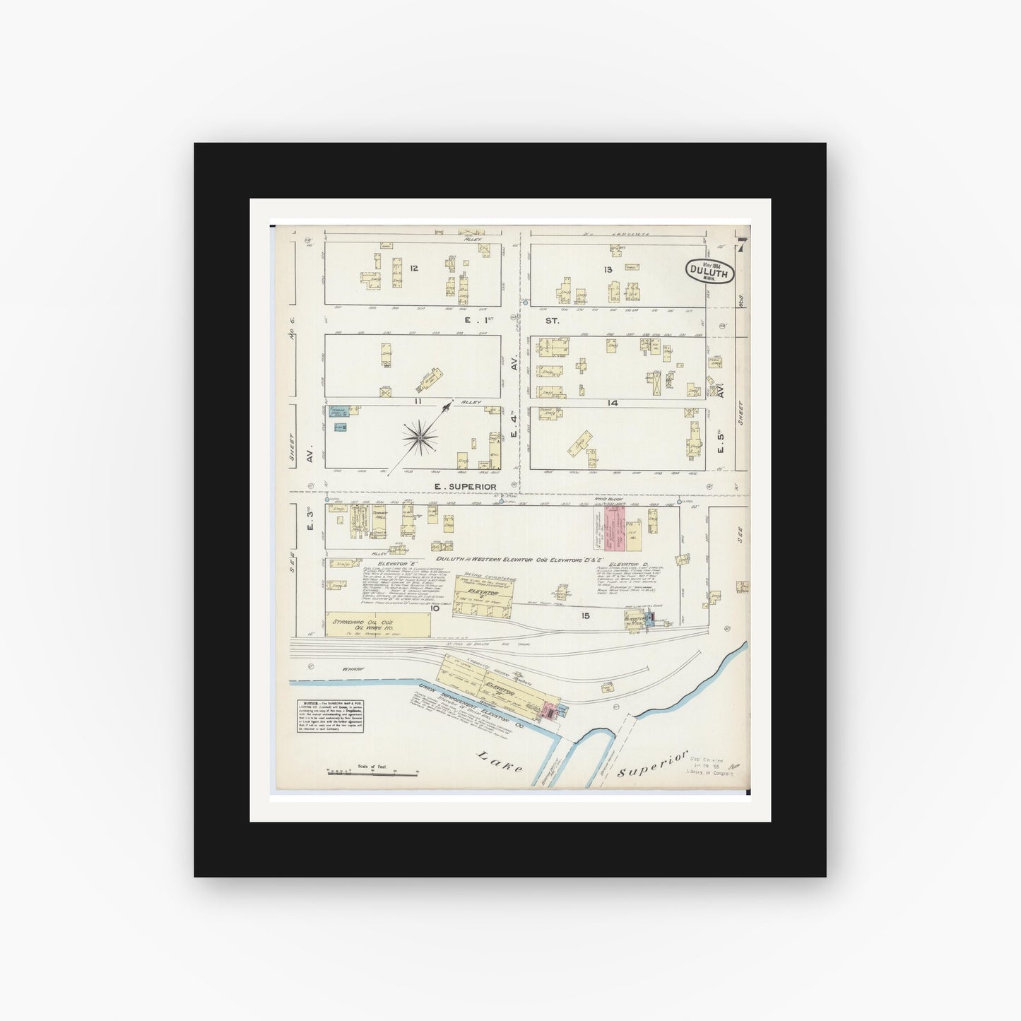 Old map wall art mockup — black gallery frame with white mat — Sanborn Fire Insurance Map from Duluth, Saint Louis County, Minnesota (1884), Sheet #0007