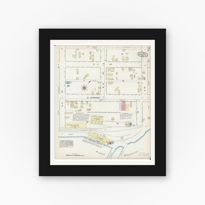 Old map wall art mockup — black gallery frame with white mat — Sanborn Fire Insurance Map from Duluth, Saint Louis County, Minnesota (1884), Sheet #0007
