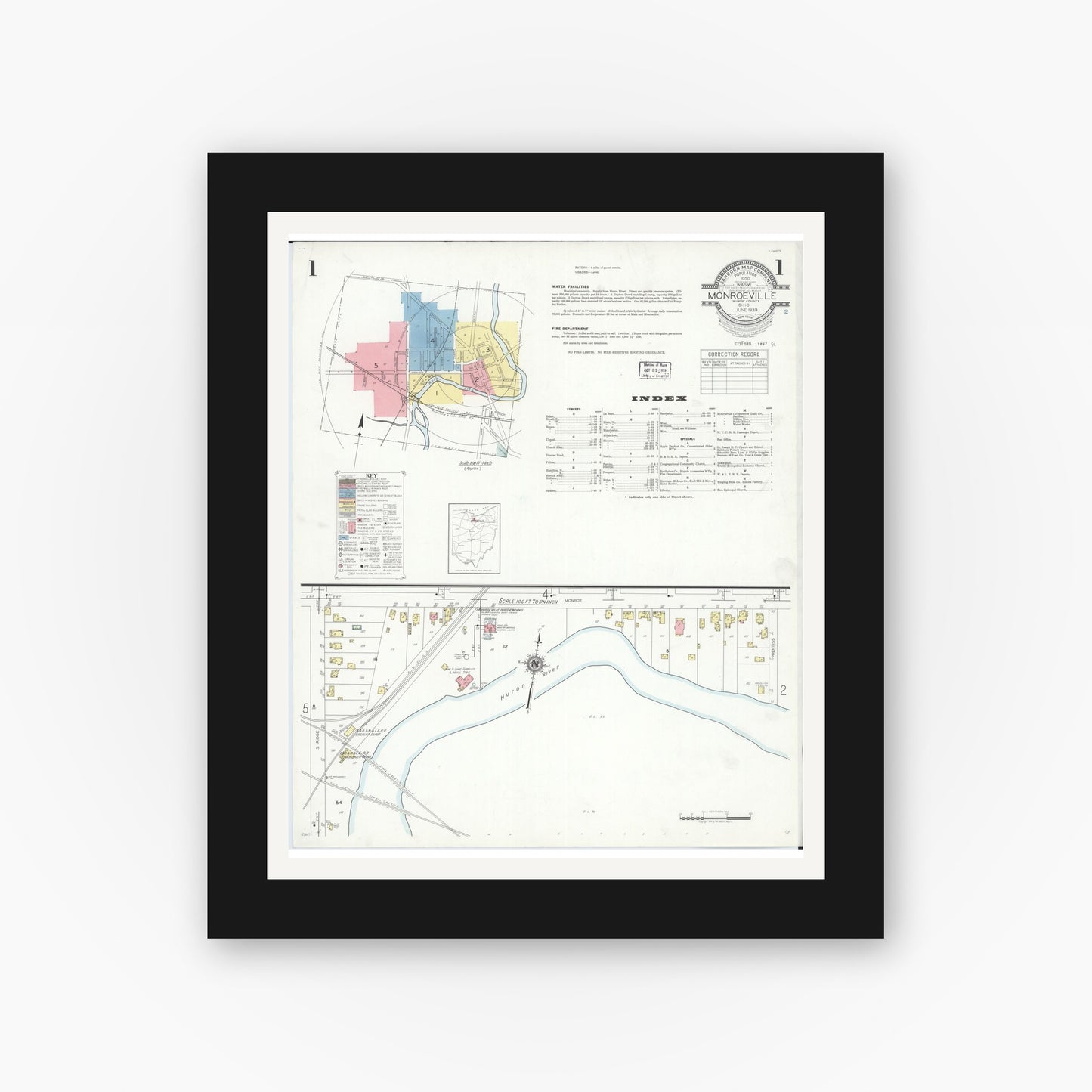 Old map wall art mockup — black gallery frame with white mat — Sanborn Fire Insurance Map from Monroeville, Huron County, Ohio (1939), Sheet #0001