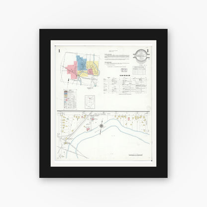 Old map wall art mockup — black gallery frame with white mat — Sanborn Fire Insurance Map from Monroeville, Huron County, Ohio (1939), Sheet #0001