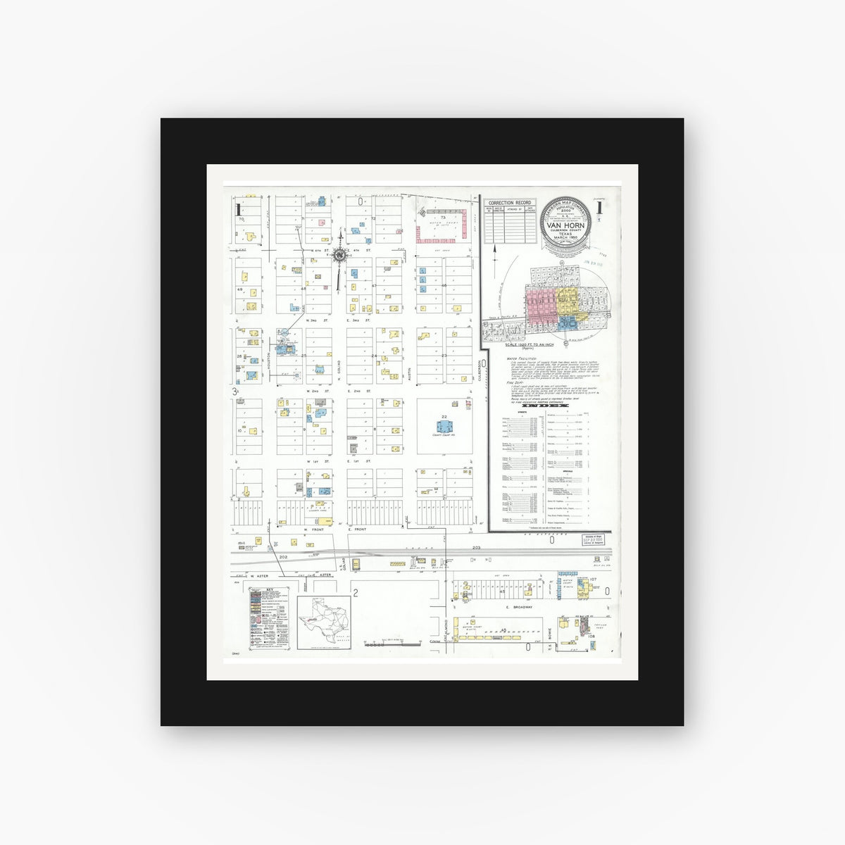 Old map wall art mockup — black gallery frame with white mat — Sanborn Fire Insurance Map from Van Horn, Culberson County, Texas (1950) - Complete Map Set