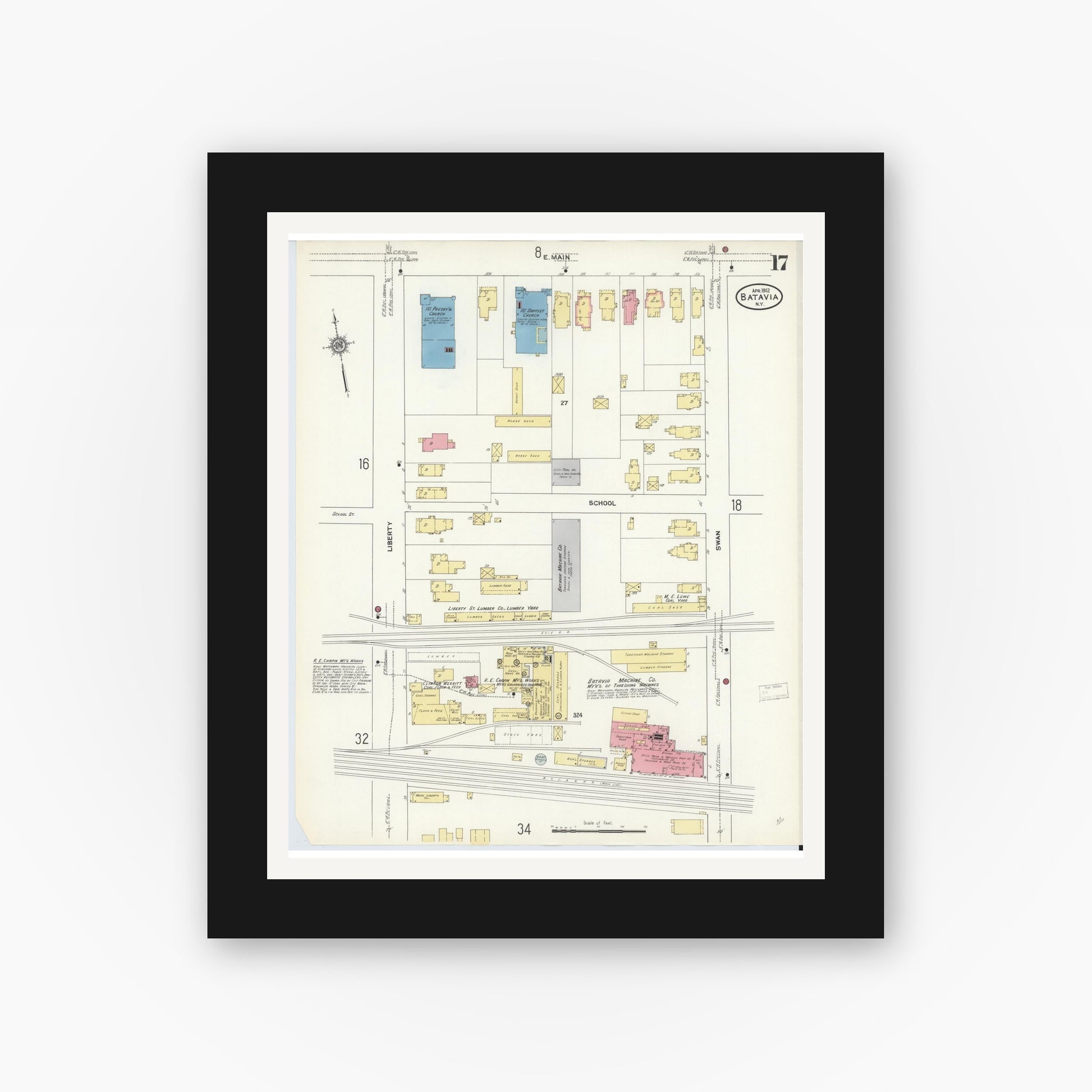 Old map wall art mockup — black gallery frame with white mat — Sanborn Fire Insurance Map from Batavia, Genesee County, New York (1912), Sheet #0017