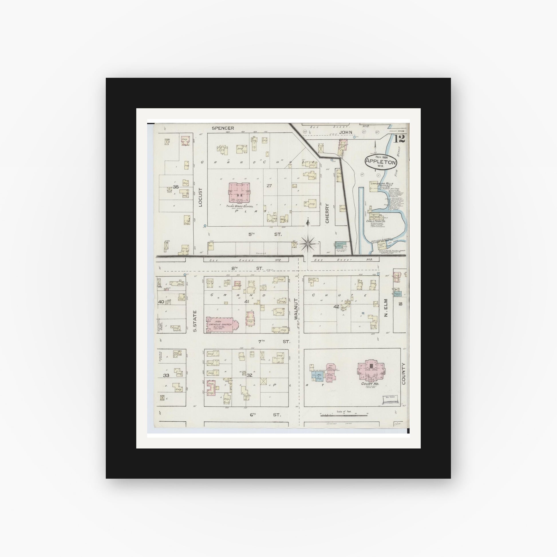 Old map wall art mockup — black gallery frame with white mat — Sanborn Fire Insurance Map from Appleton, Outagamie County, Wisconsin (1886), Sheet #0012