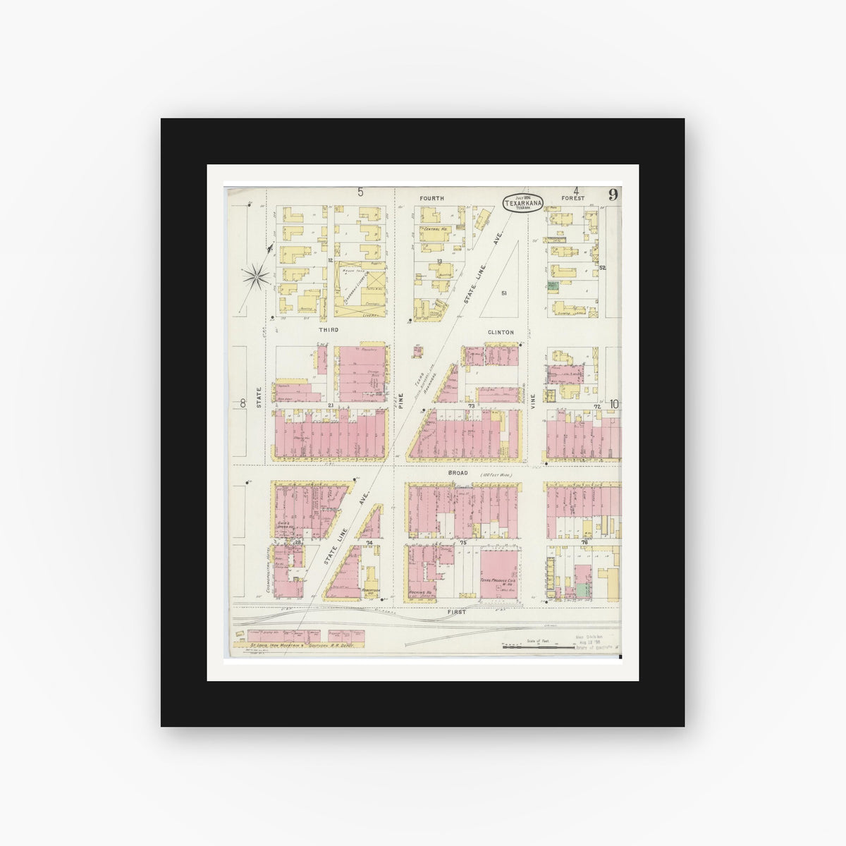 Old map wall art mockup — black gallery frame with white mat — Sanborn Fire Insurance Map from Texarkana, Bowie County, Texas (1896), Sheet #0009