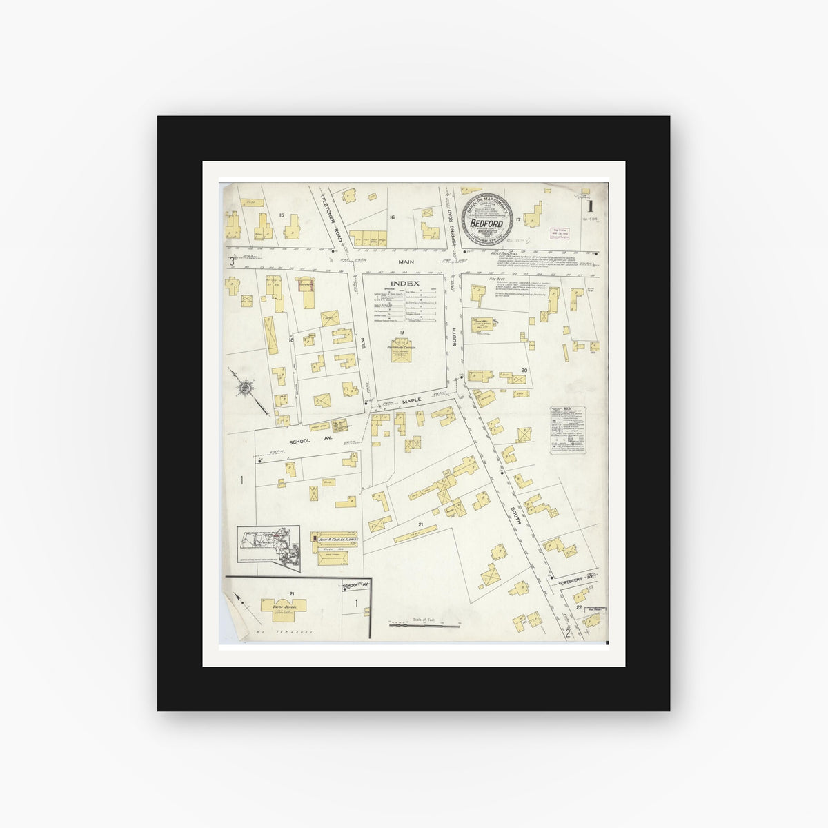 Old map wall art mockup — black gallery frame with white mat — Sanborn Fire Insurance Map from Bedford, Middlesex County, Massachusetts (1916) - Complete Map Set