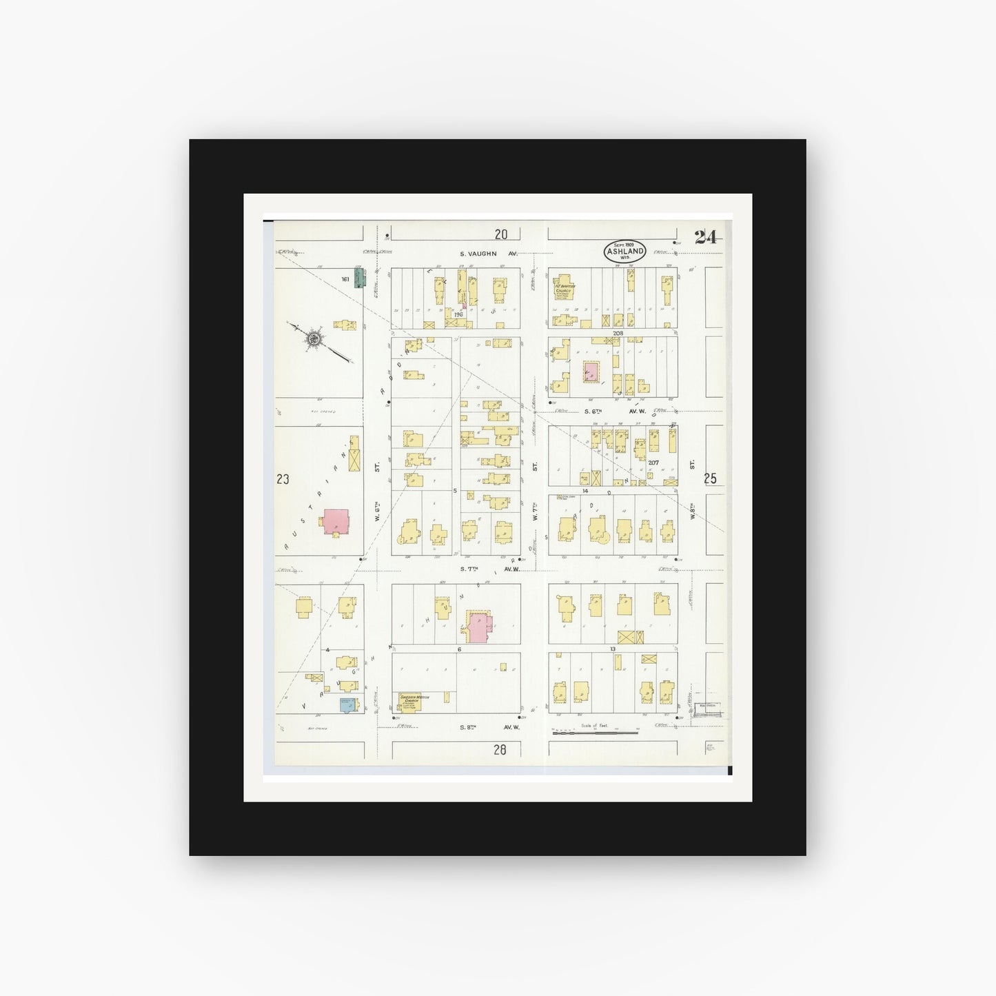 Old map wall art mockup — black gallery frame with white mat — Sanborn Fire Insurance Map from Ashland, Ashland County, Wisconsin (1909), Sheet #0024
