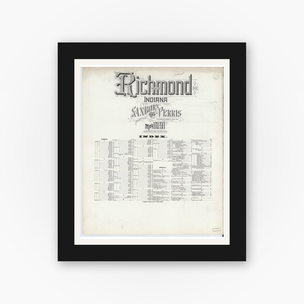 Old map wall art mockup — black gallery frame with white mat — Sanborn Fire Insurance Map from Richmond, Wayne County, Indiana (1891), Sheet #0001