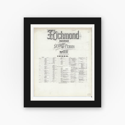 Old map wall art mockup — black gallery frame with white mat — Sanborn Fire Insurance Map from Richmond, Wayne County, Indiana (1891), Sheet #0001