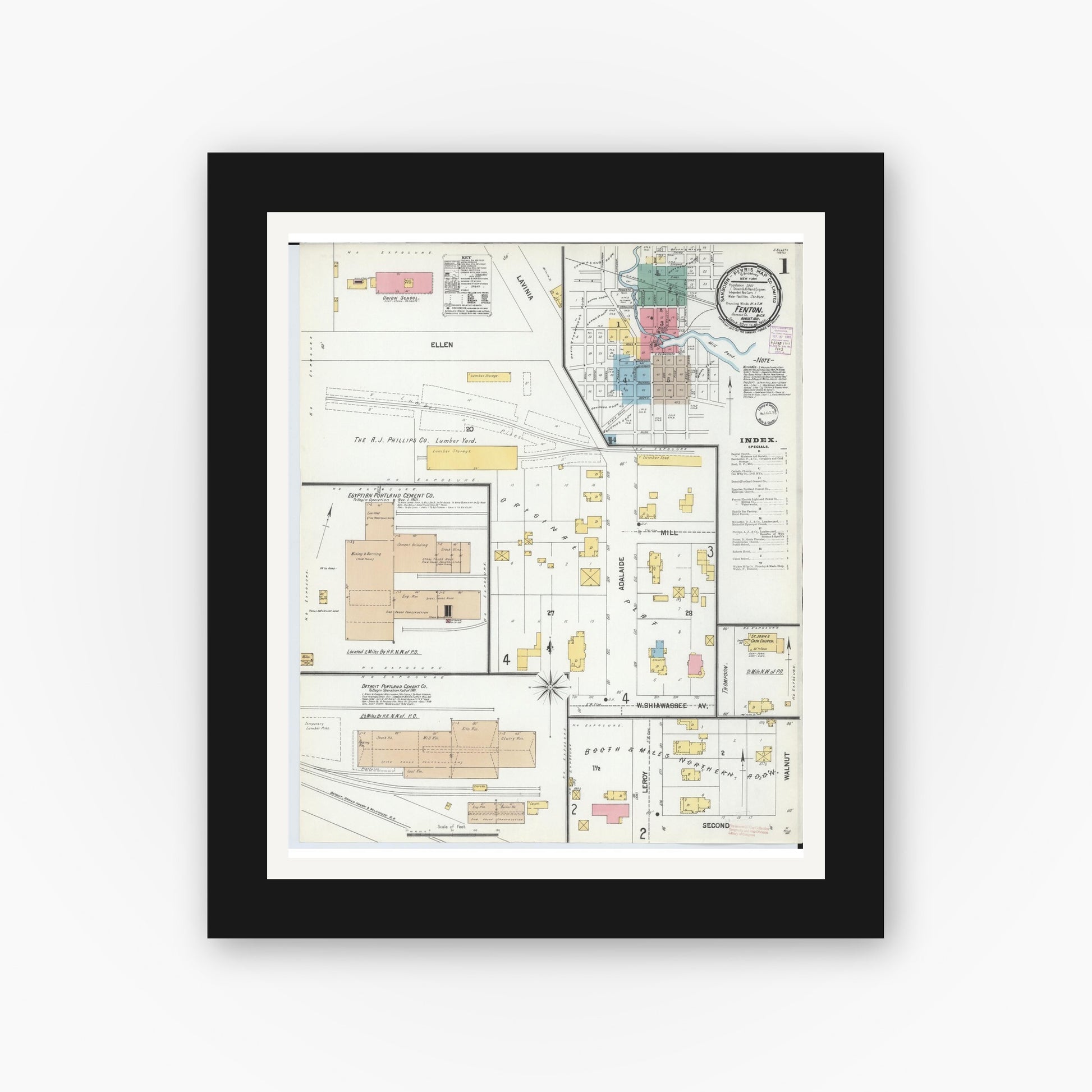 Old map wall art mockup — black gallery frame with white mat — Sanborn Fire Insurance Map from Fenton, Genesee County, Michigan (1901), Sheet #0001