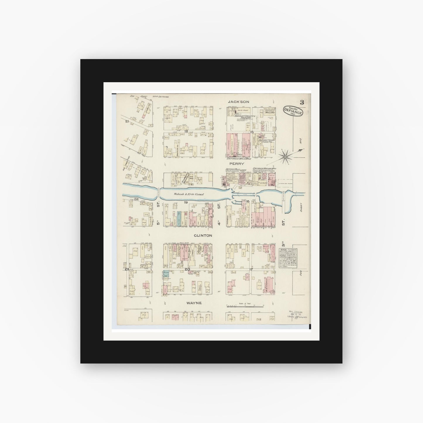 Old map wall art mockup — black gallery frame with white mat — Sanborn Fire Insurance Map from Defiance, Defiance County, Ohio (1884), Sheet #0003