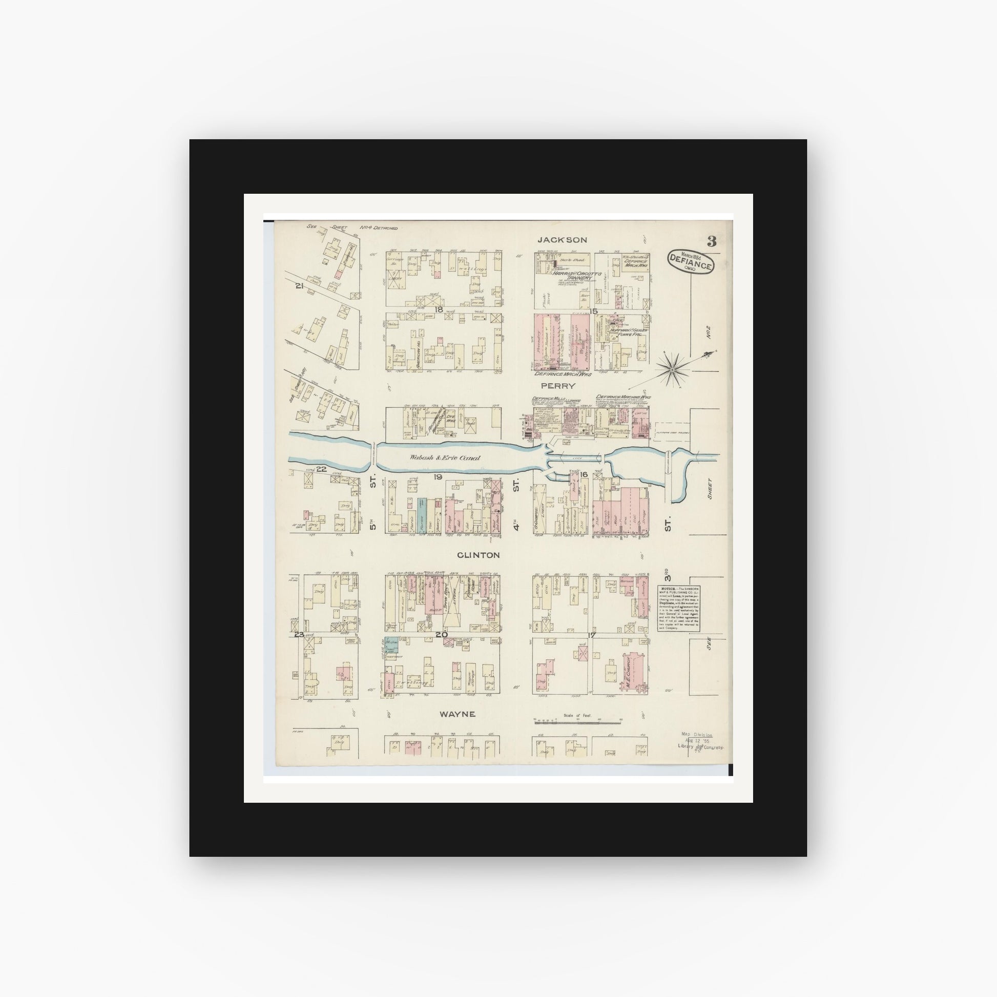 Old map wall art mockup — black gallery frame with white mat — Sanborn Fire Insurance Map from Defiance, Defiance County, Ohio (1884), Sheet #0003