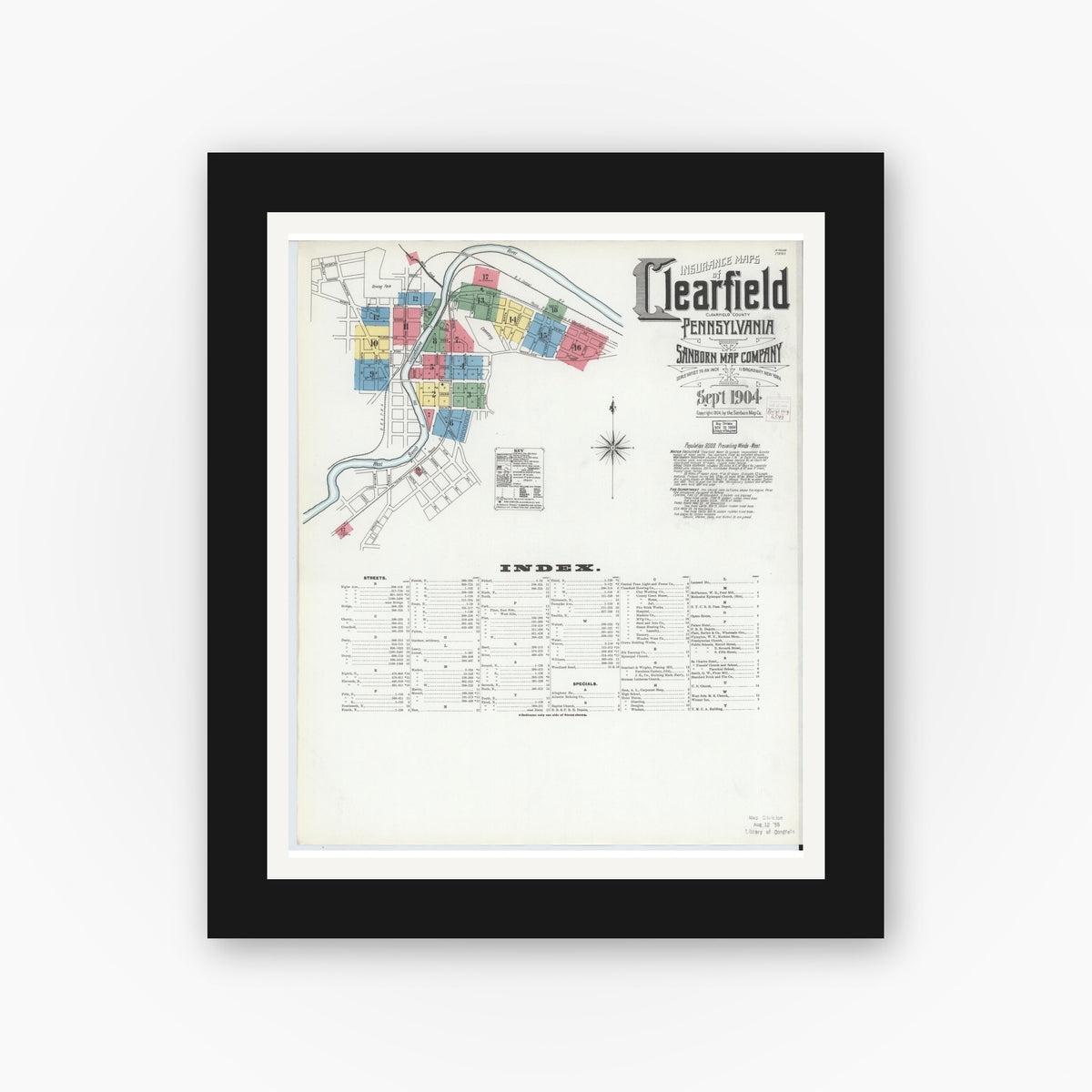 Old map wall art mockup — black gallery frame with white mat — Sanborn Fire Insurance Map from Clearfield, Clearfield County, Pennsylvania (1904), Sheet #0001