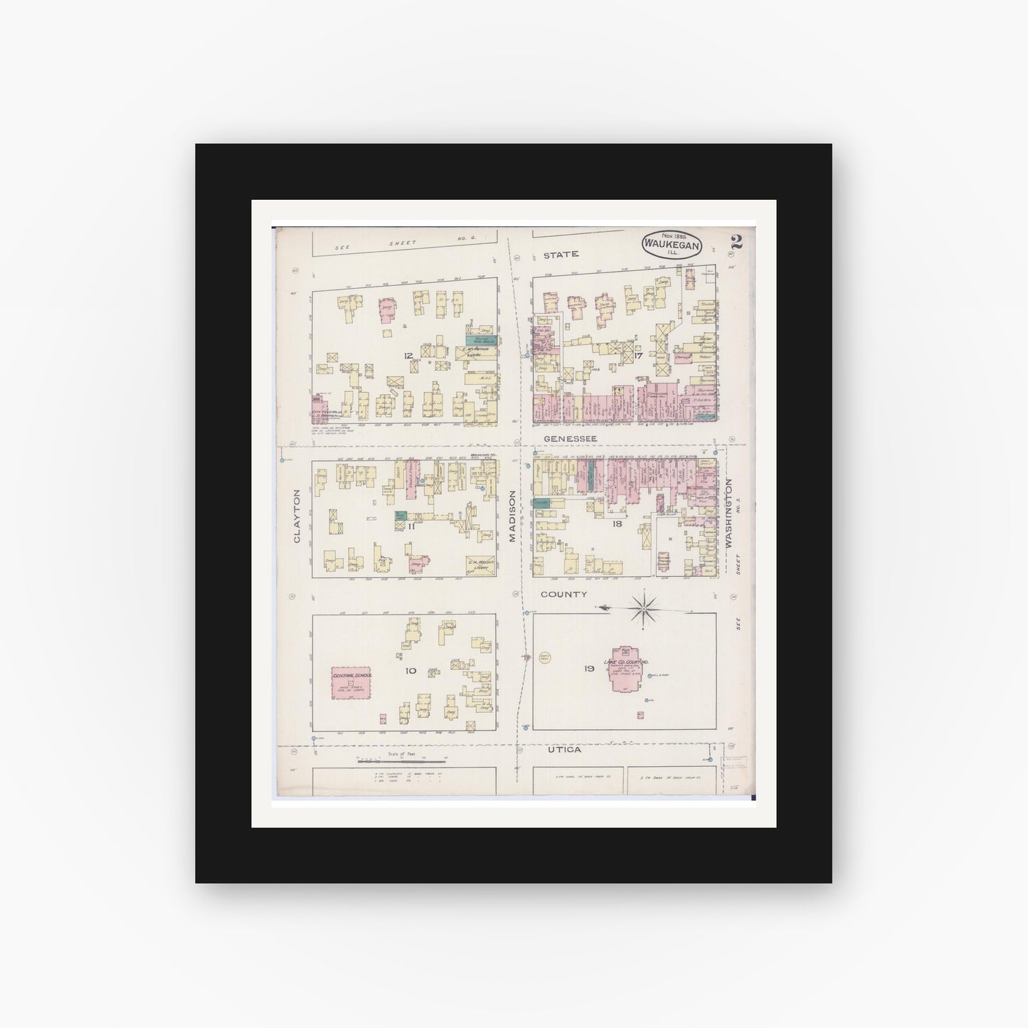 Old map wall art mockup — black gallery frame with white mat — Sanborn Fire Insurance Map from Waukegan, Lake County, Illinois (1885), Sheet #0002
