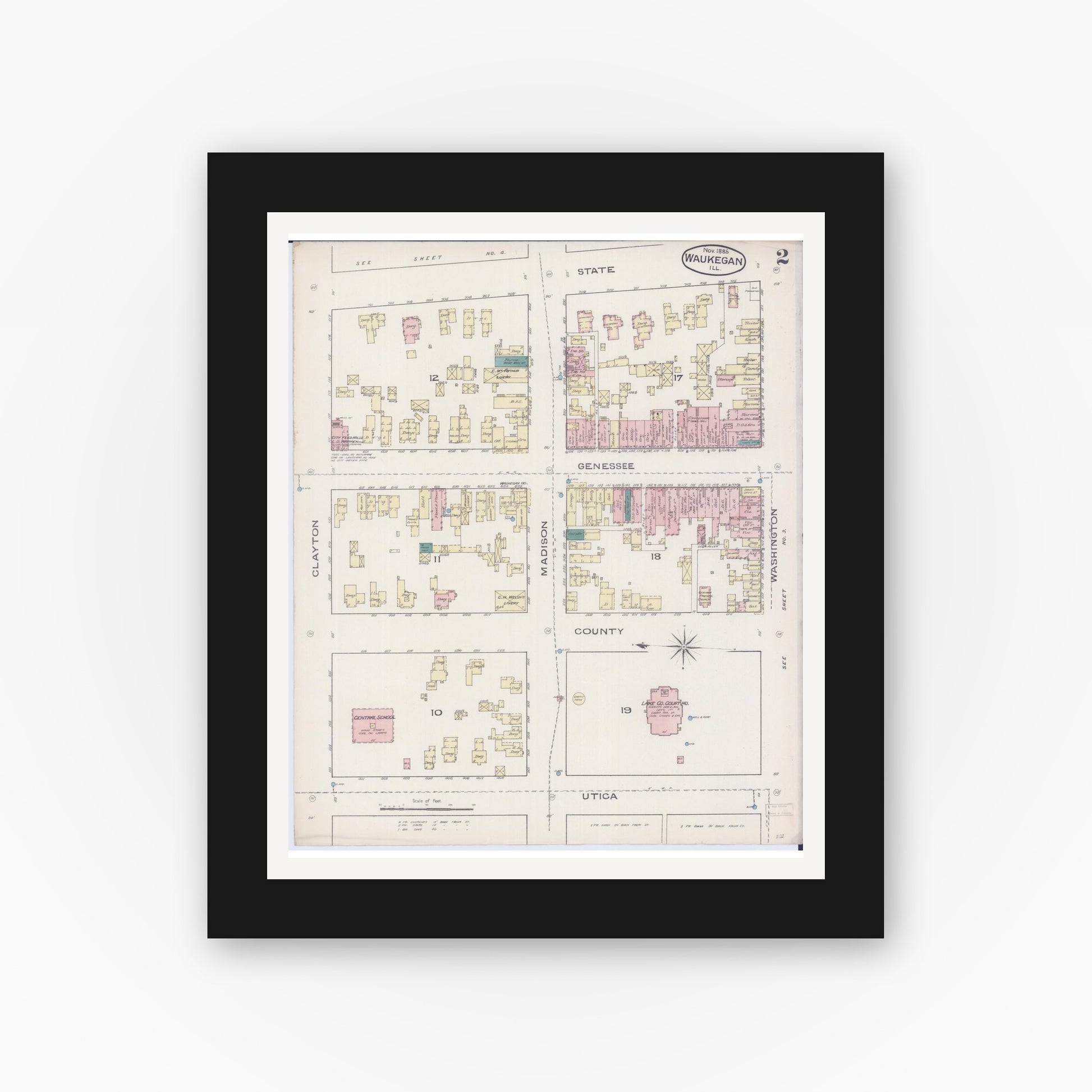 Old map wall art mockup — black gallery frame with white mat — Sanborn Fire Insurance Map from Waukegan, Lake County, Illinois (1885), Sheet #0002