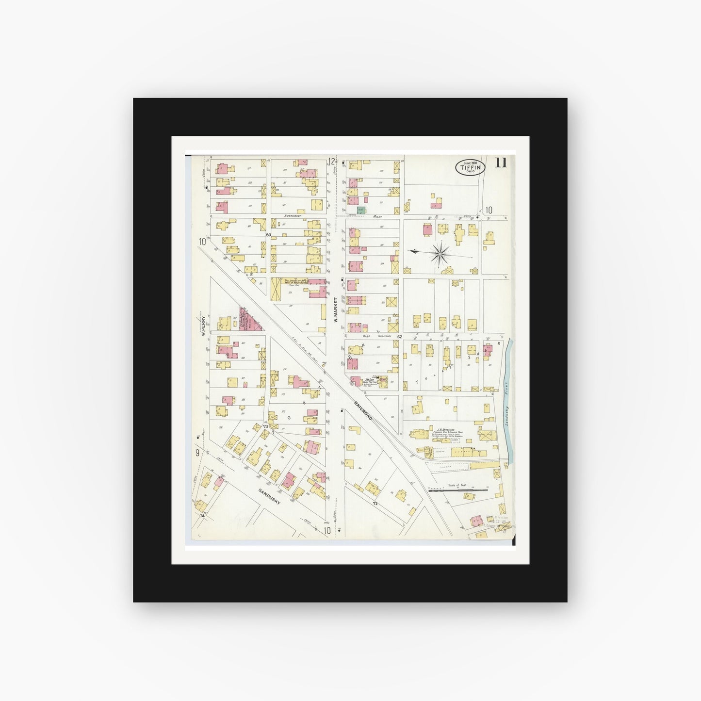 Old map wall art mockup — black gallery frame with white mat — Sanborn Fire Insurance Map from Tiffin, Seneca County, Ohio (1908), Sheet #0011
