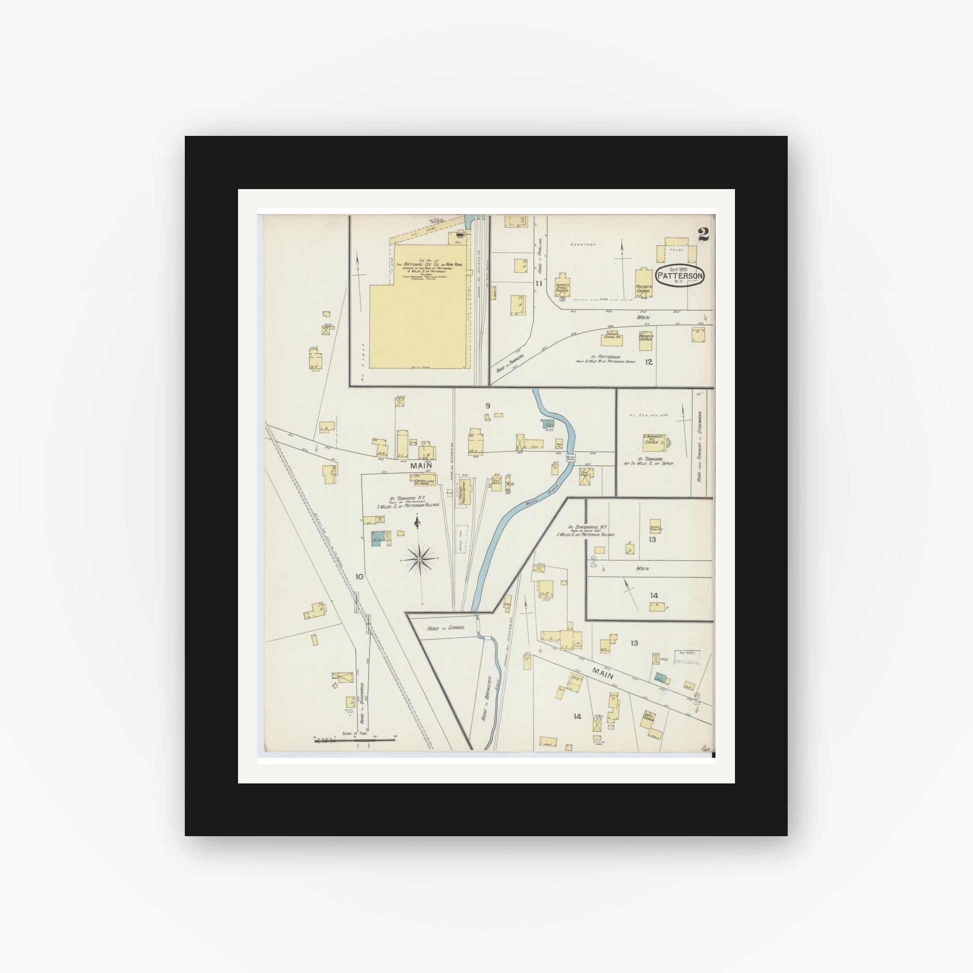Old map wall art mockup — black gallery frame with white mat — Sanborn Fire Insurance Map from Patterson, Putnam County, New York (1893), Sheet #0002