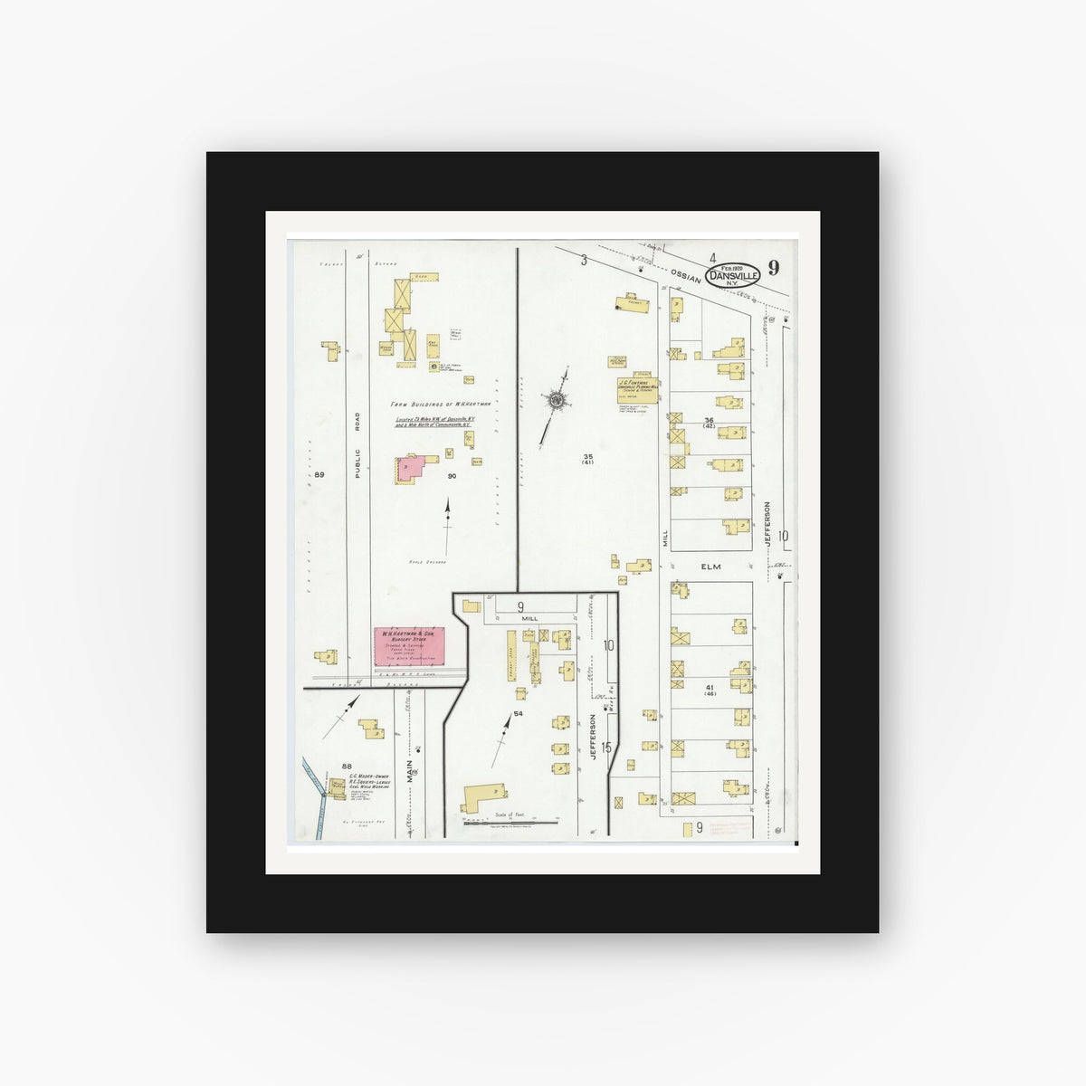 Old map wall art mockup — black gallery frame with white mat — Sanborn Fire Insurance Map from Dansville, Livingston County, New York (1920), Sheet #0009