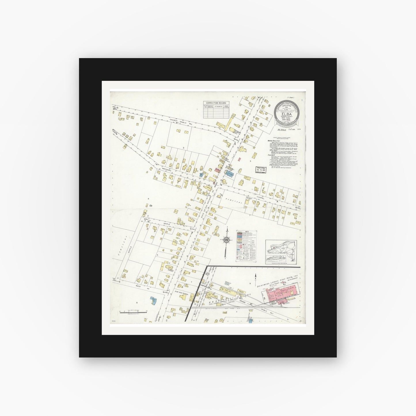 Old map wall art mockup — black gallery frame with white mat — Sanborn Fire Insurance Map from Elba, Genesee County, New York (1936), Sheet #0001