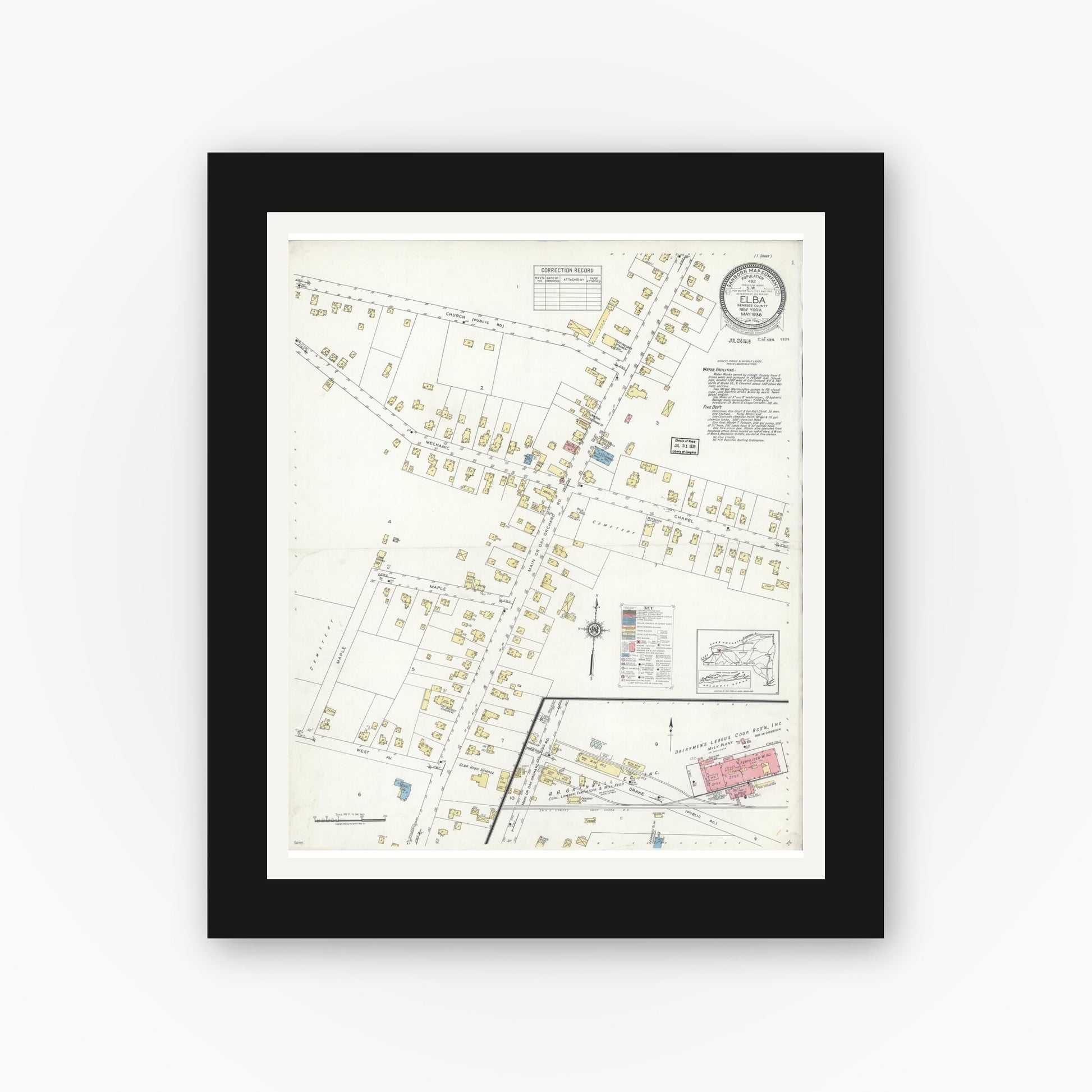 Old map wall art mockup — black gallery frame with white mat — Sanborn Fire Insurance Map from Elba, Genesee County, New York (1936), Sheet #0001