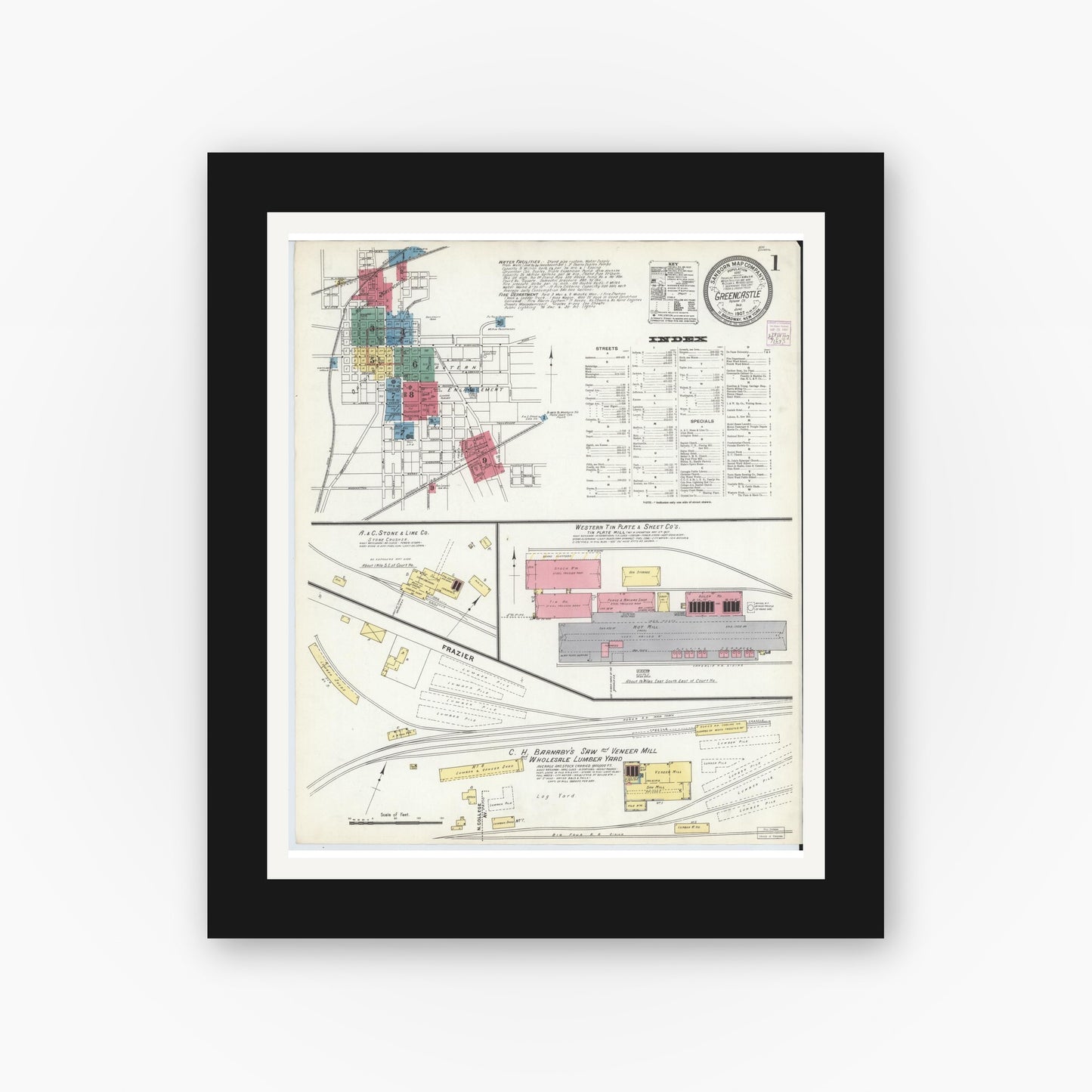 Old map wall art mockup — black gallery frame with white mat — Sanborn Fire Insurance Map from Greencastle, Putnam County, Indiana (1907), Sheet #0001
