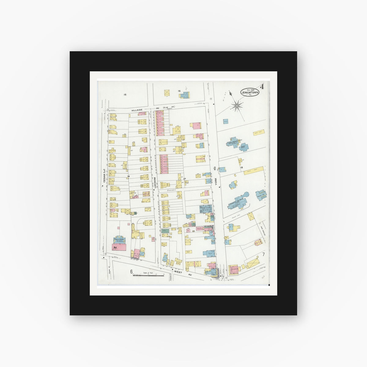 Old map wall art mockup — black gallery frame with white mat — Sanborn Fire Insurance Map from Jenkintown, Montgomery County, Pennsylvania (1909), Sheet #0004