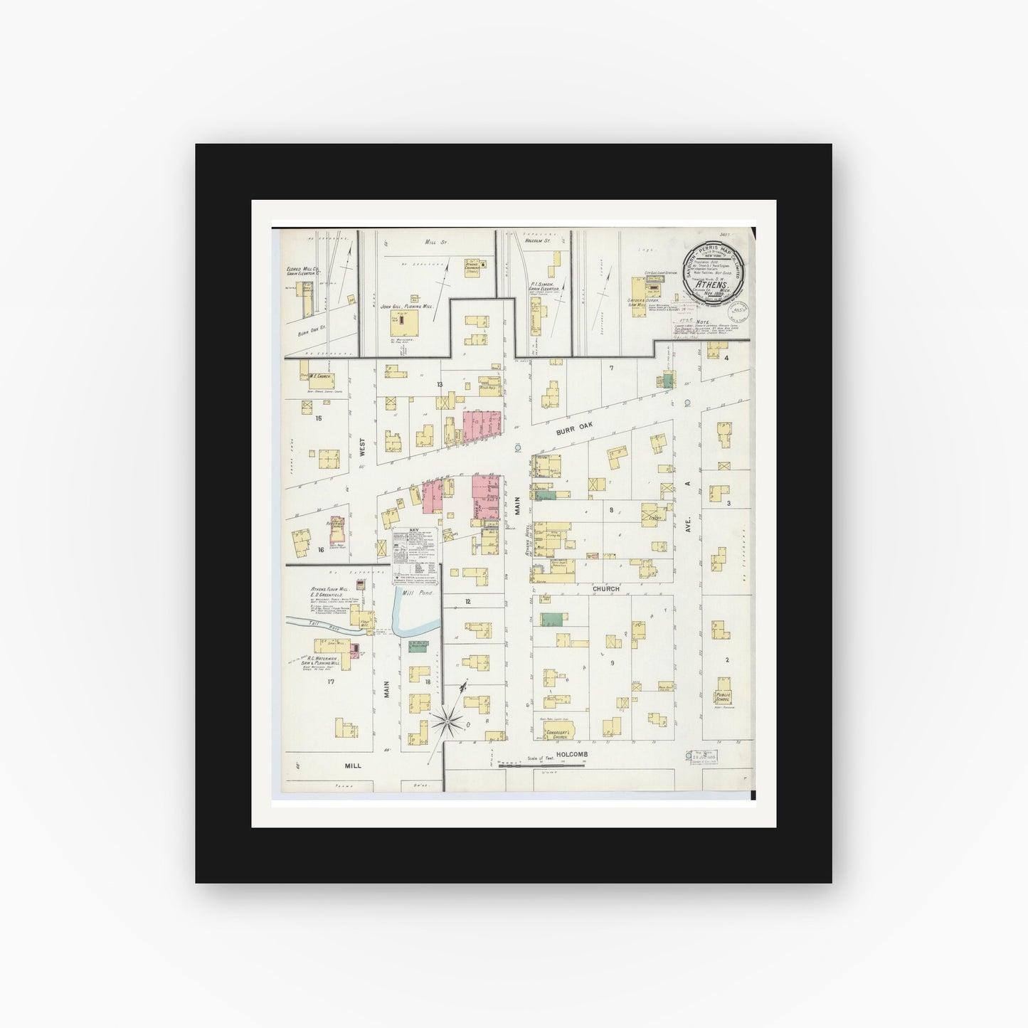 Old map wall art mockup — black gallery frame with white mat — Sanborn Fire Insurance Map from Athens, Calhoun County, Michigan (1899), Sheet #0001