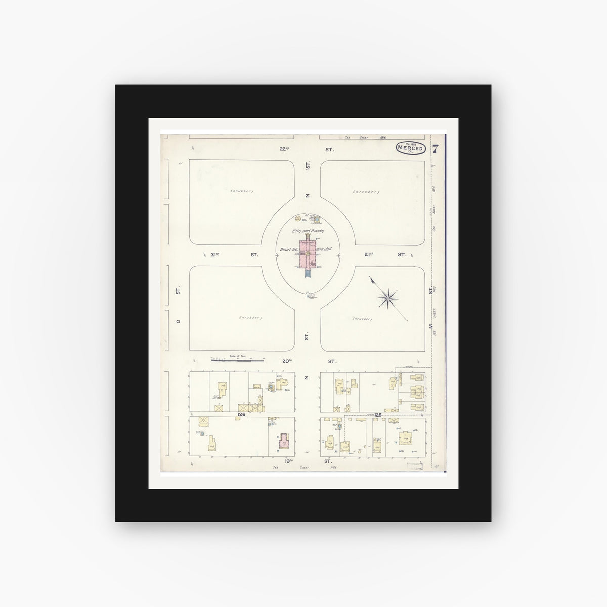 Old map wall art mockup — black gallery frame with white mat — Sanborn Fire Insurance Map from Merced, Merced County, California (1888), Sheet #0007