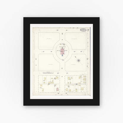 Old map wall art mockup — black gallery frame with white mat — Sanborn Fire Insurance Map from Merced, Merced County, California (1888), Sheet #0007