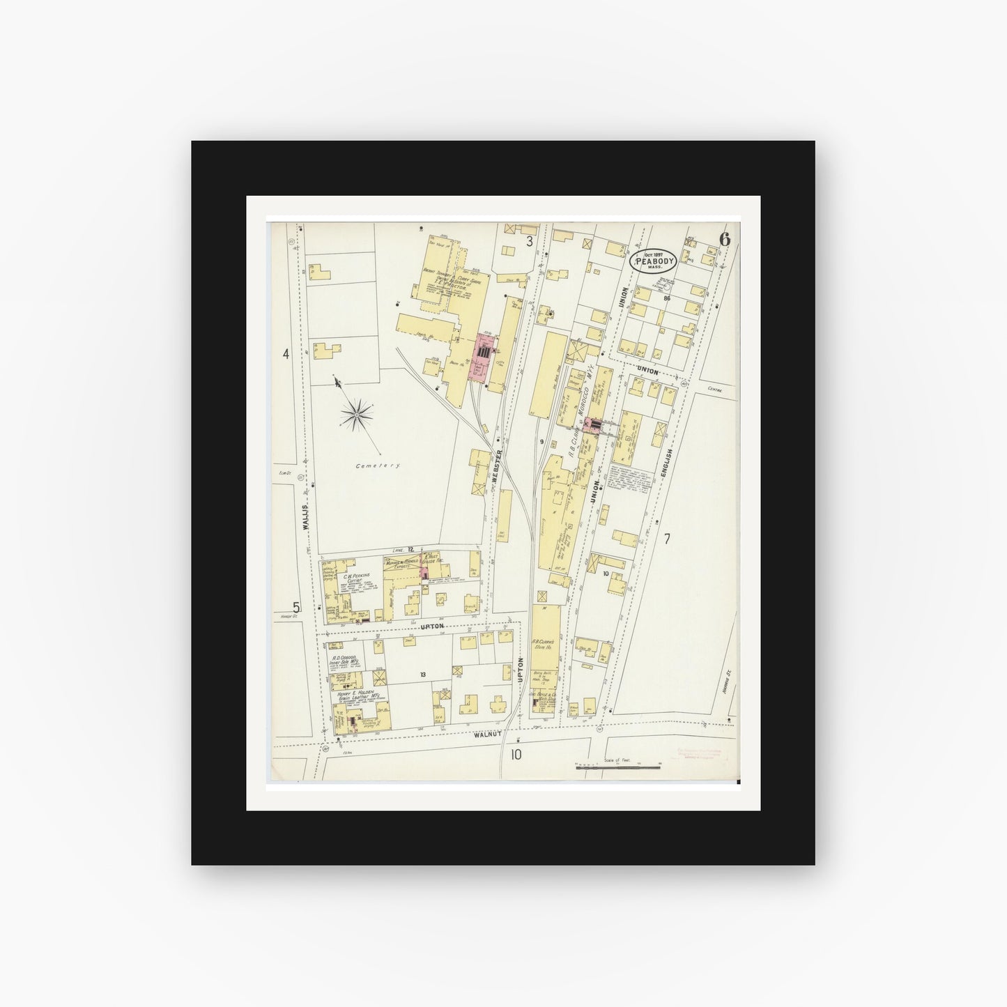 Old map wall art mockup — black gallery frame with white mat — Sanborn Fire Insurance Map from Peabody, Essex County, Massachusetts (1897), Sheet #0006