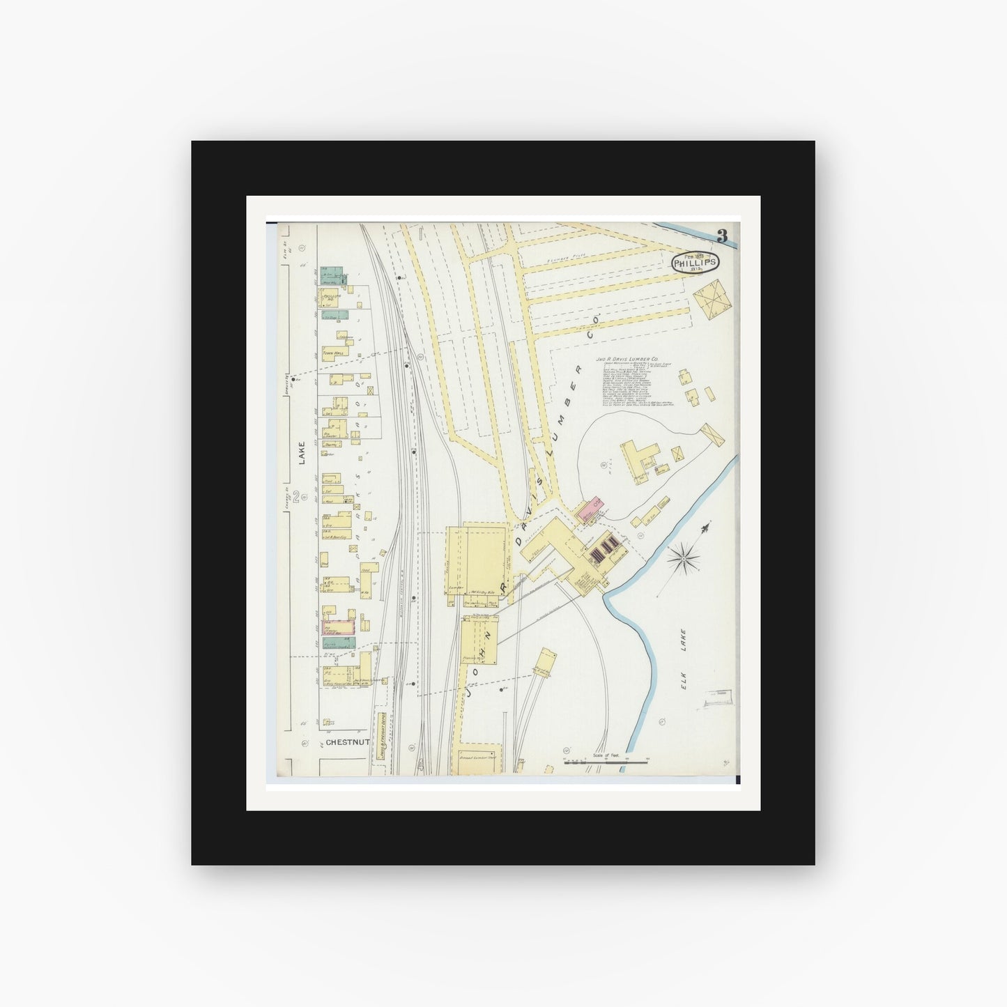 Old map wall art mockup — black gallery frame with white mat — Sanborn Fire Insurance Map from Phillips, Price County, Wisconsin (1893), Sheet #0003
